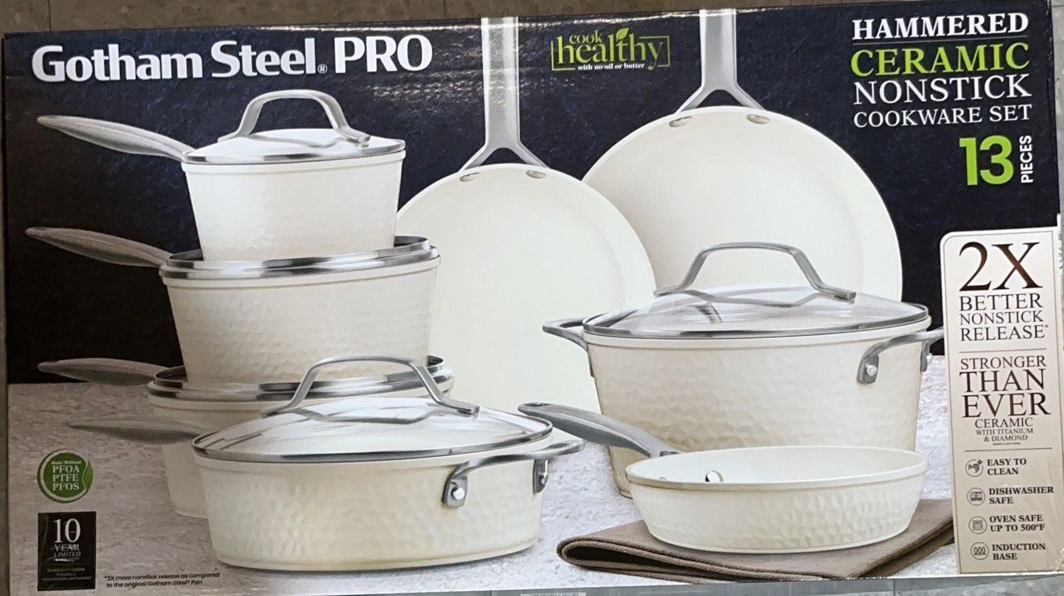 Gotham Steel Pro Hammered Ceramic Nonstick Cookware Set – 13 Piece – Cream -like new