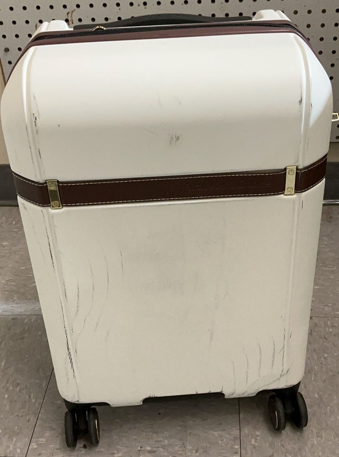 Traveler’s Choice Hardside Carry-On Spinner Luggage – Cream with Brown Trim –