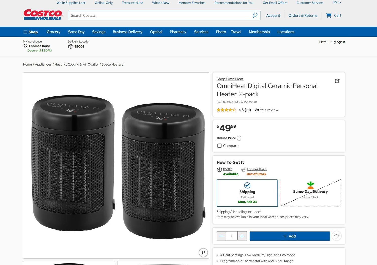 OmniHeat Digital Ceramic Personal Heater – 2 Pack | 1500W - Open Box