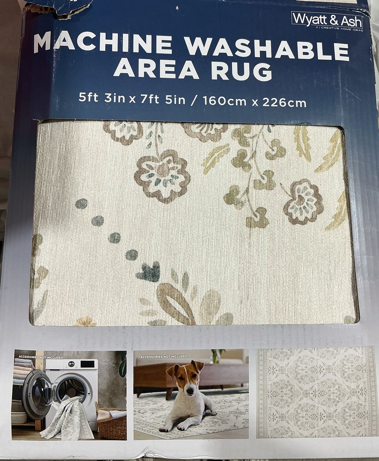 Wyatt &amp; Ash Machine Washable Area Rug – 5’3” x 7’5” (160cm x 226cm) open box