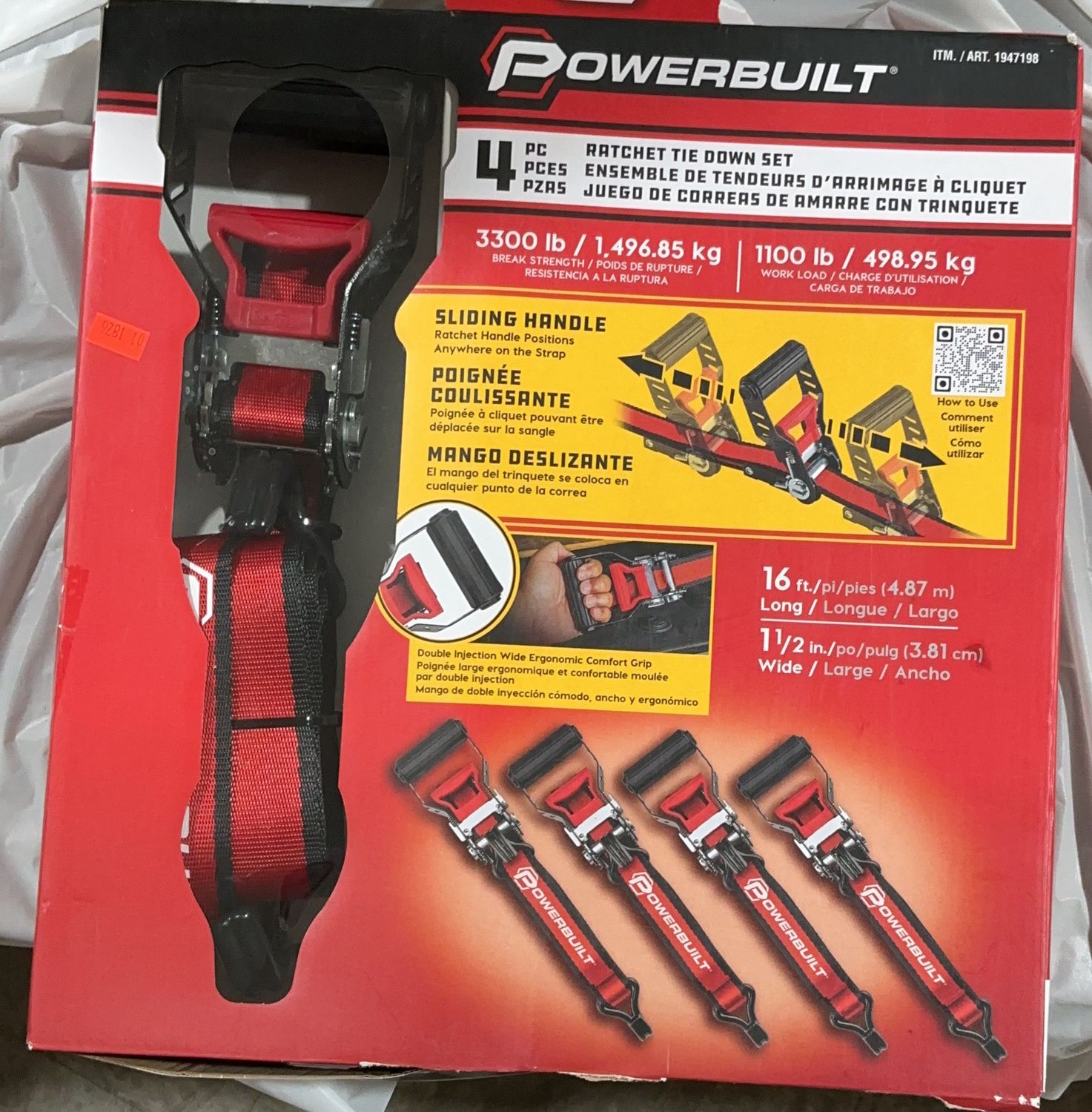 Powerbuilt Heavy-Duty Ratchet Tie Down Straps with Sliding Handle – Extra Wide 1.5” Straps-open box
