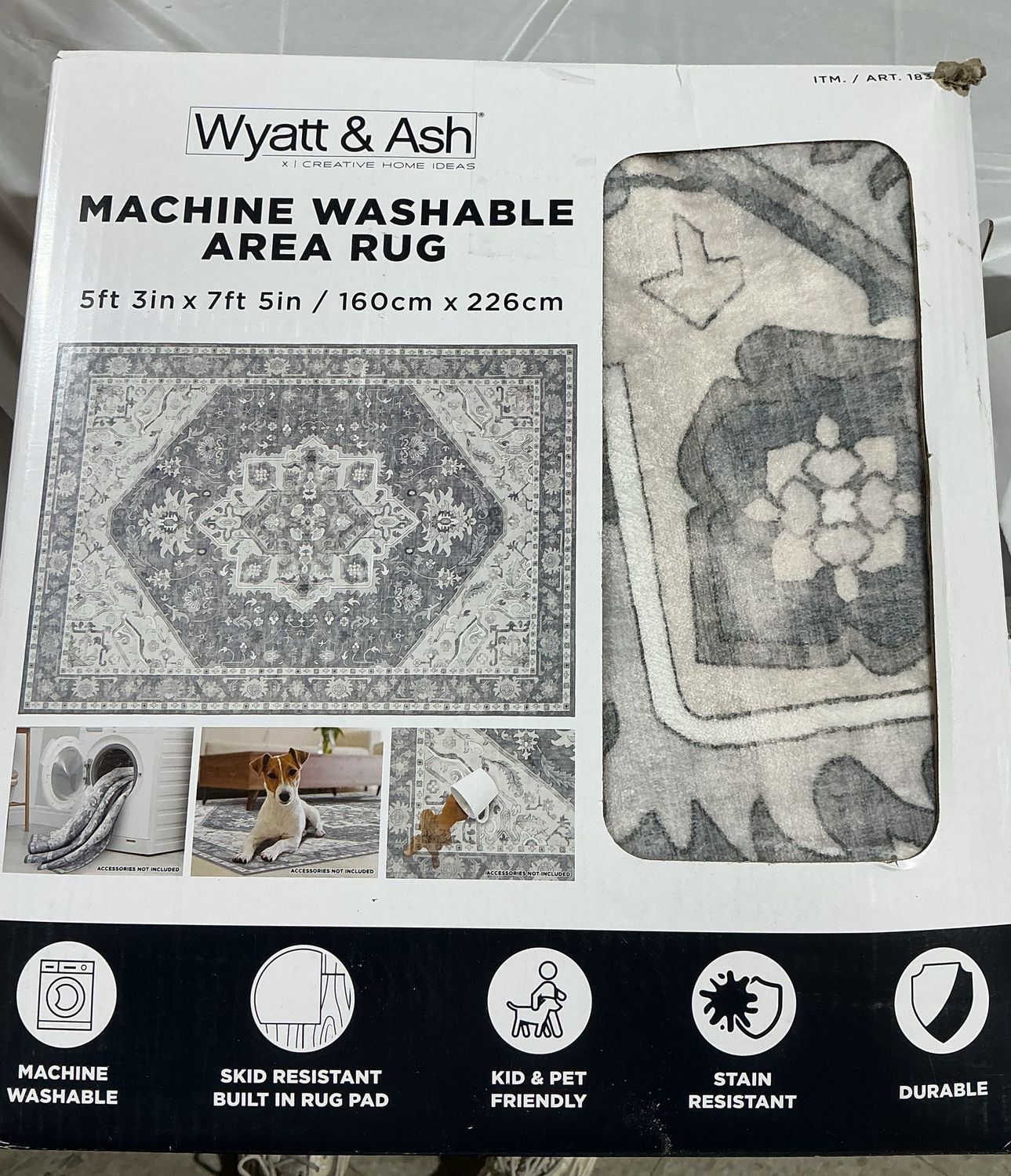 Wyatt &amp; Ash Machine Washable Area Rug – 5’3” x 7’5” – Gray Medallion Design