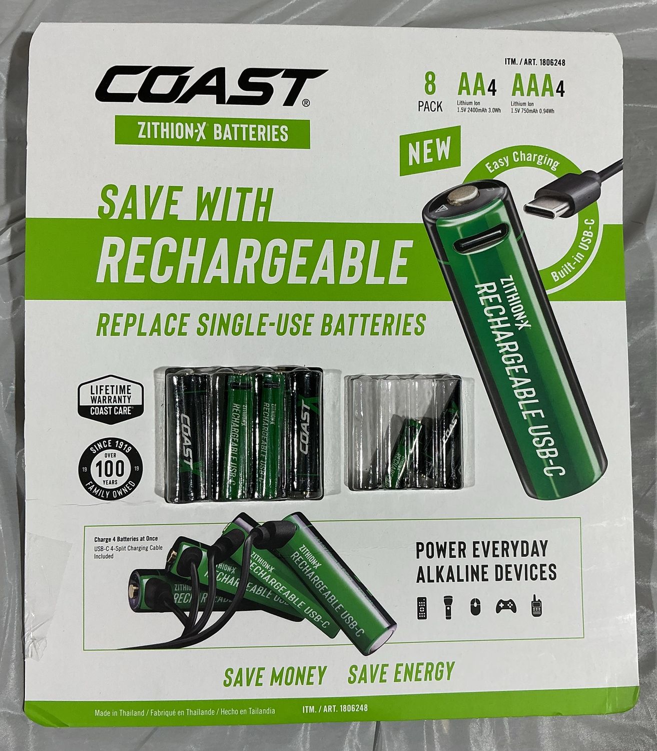 Coast ZITHION-X Rechargeable AA &amp; AAA Batteries with USB-C Charging