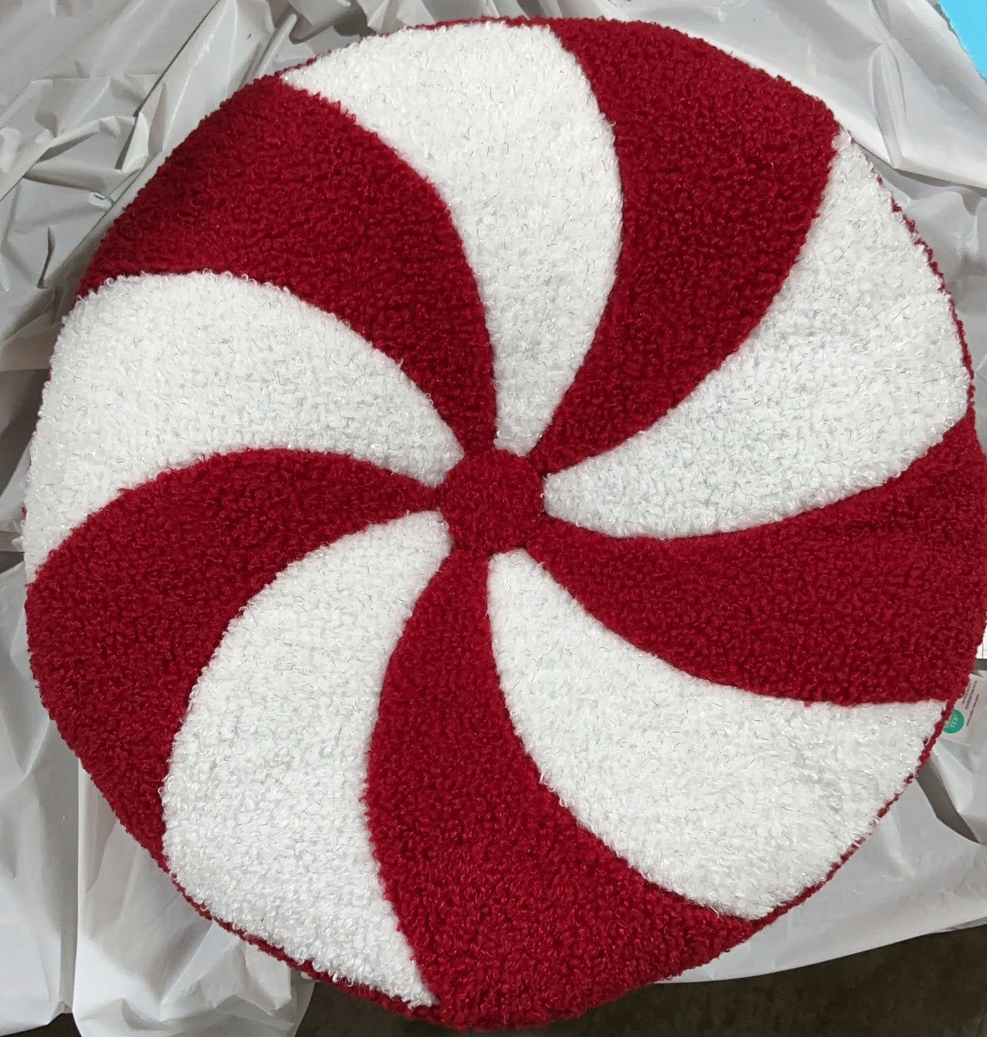 Holiday Peppermint Swirl Throw Pillow – Red &amp; White Round Accent Cushion-open box