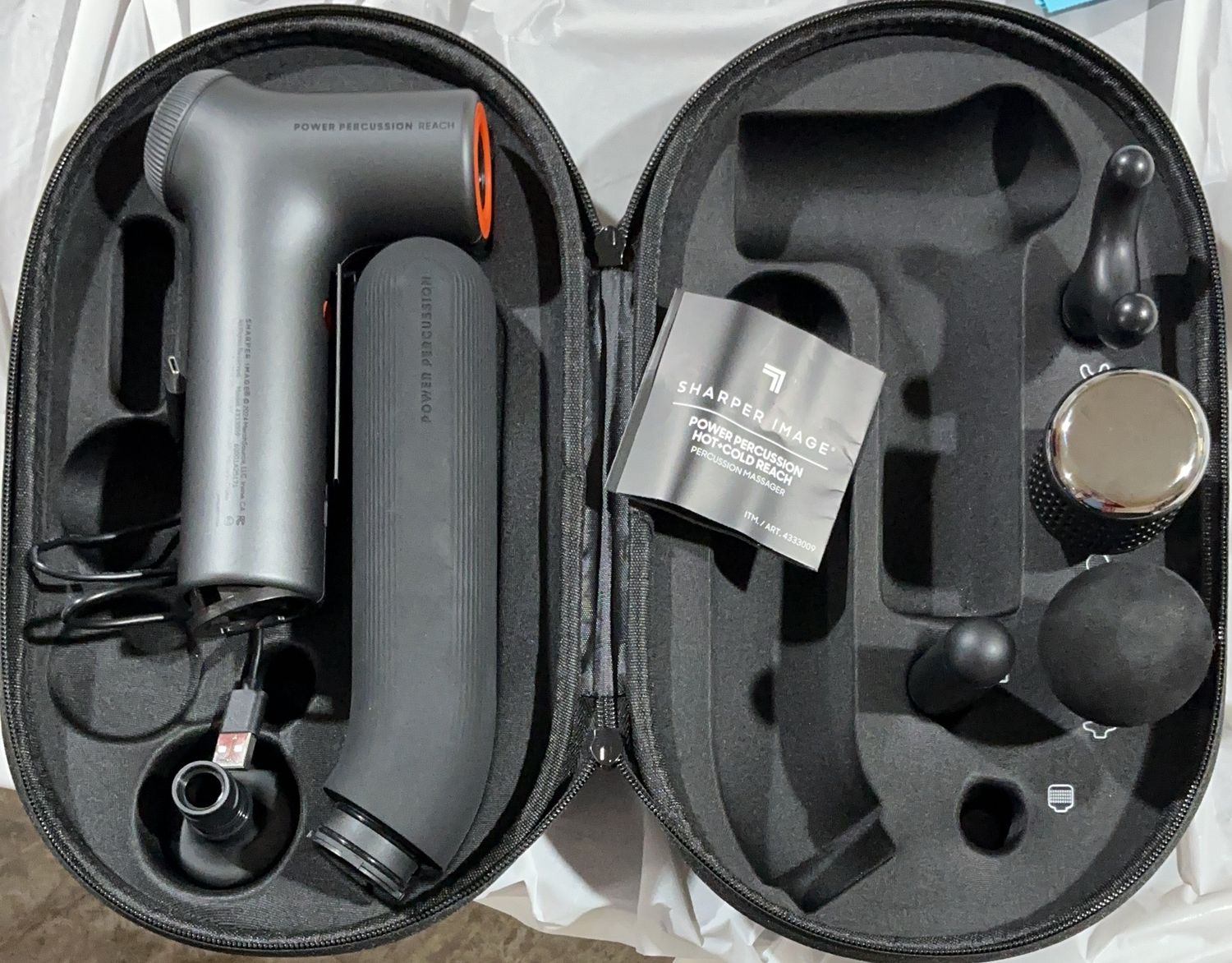 Sharper Image Power Percussion Reach Massage Gun with Heated Head &amp; Travel Case-open box