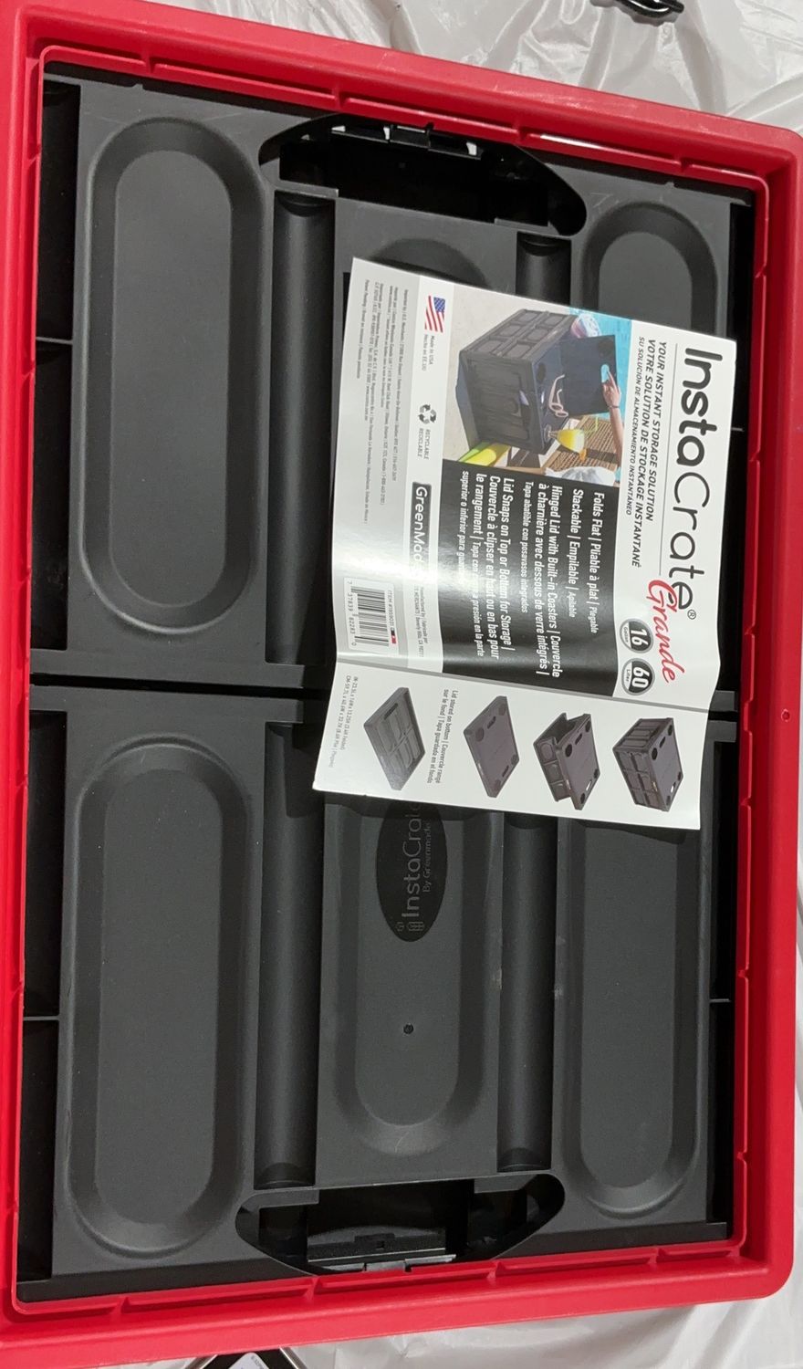 GreenMade InstaCrate® Grande Collapsible Storage Crate – 16 Gallon / 60 Liter – Stackable with Hinged Lid open box