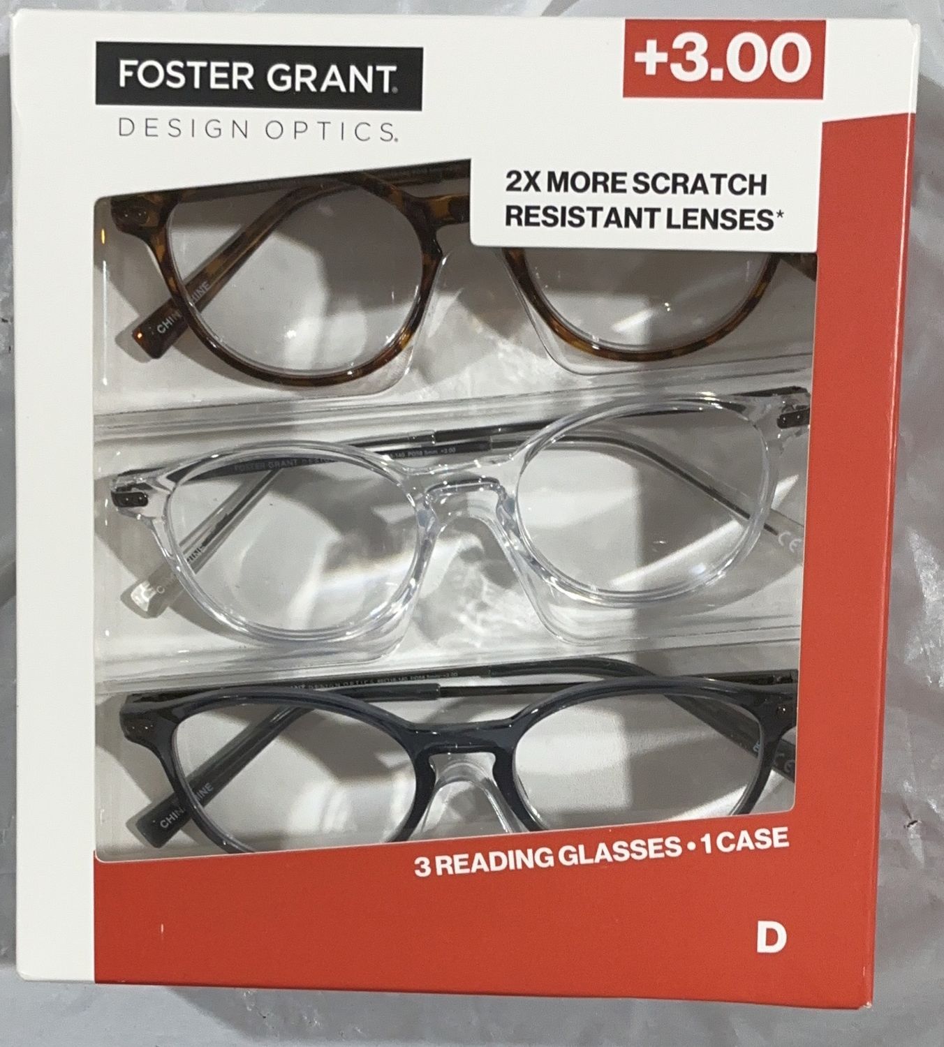Foster Grant Design Optics +3.00 Reading Glasses – 3-Pack with Case-like new