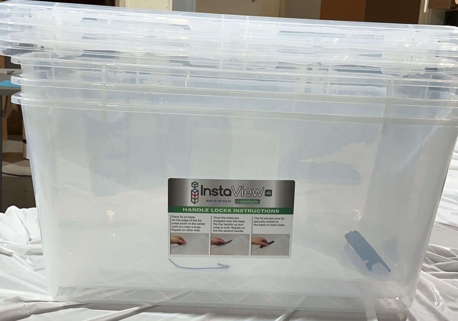 GreenMade InstaView™ 45-Quart Clear Storage Bin – 3 Pack – Stackable with Locking Lids open box
