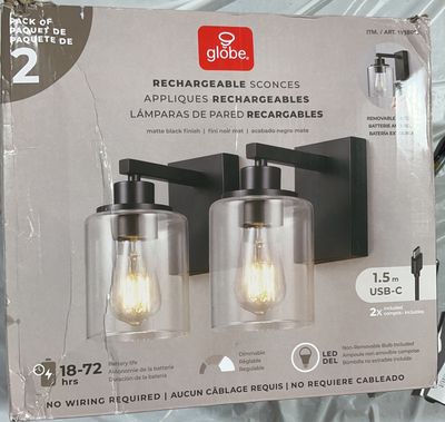 Globe Electric Rechargeable Wall Sconces – Matte Black Finish – 2 Pack-Open Box