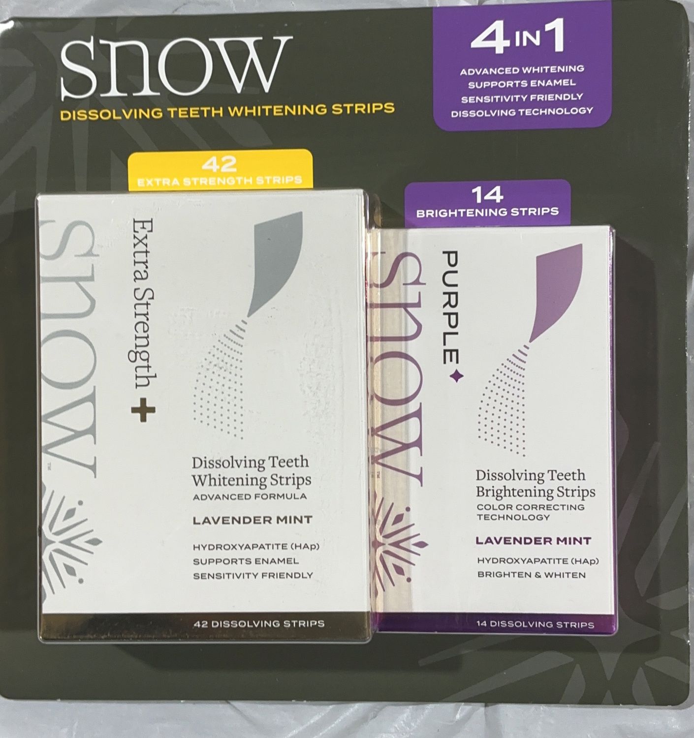 SNOW Dissolving Teeth Whitening Strips 4-in-1 Kit – Extra Strength+ &amp; Purple+ – 56 Total Strips new