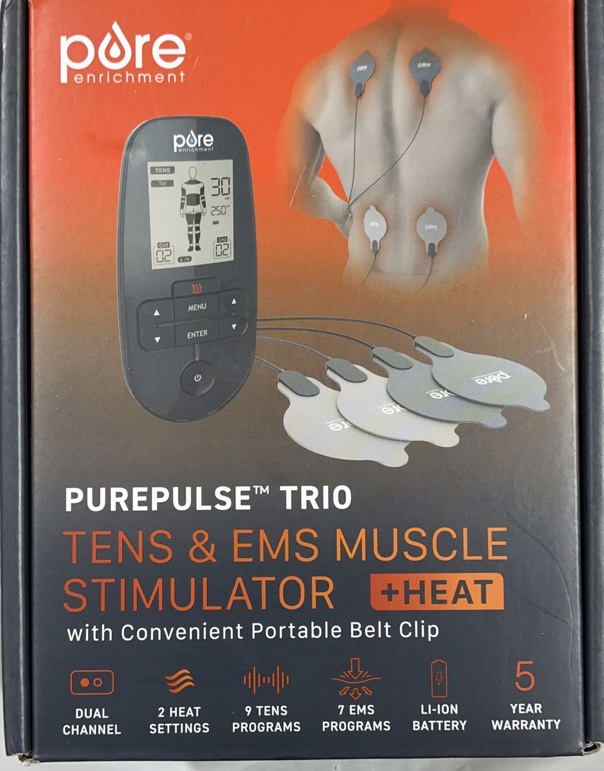 Pure Enrichment PurePulse™ Trio TENS &amp; EMS Muscle Stimulator + Heat – Dual Channel open box
