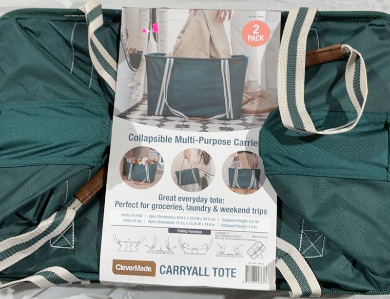 CleverMade Carryall Tote – 2 Pack – Collapsible Reusable Shopping Baskets - Open Box