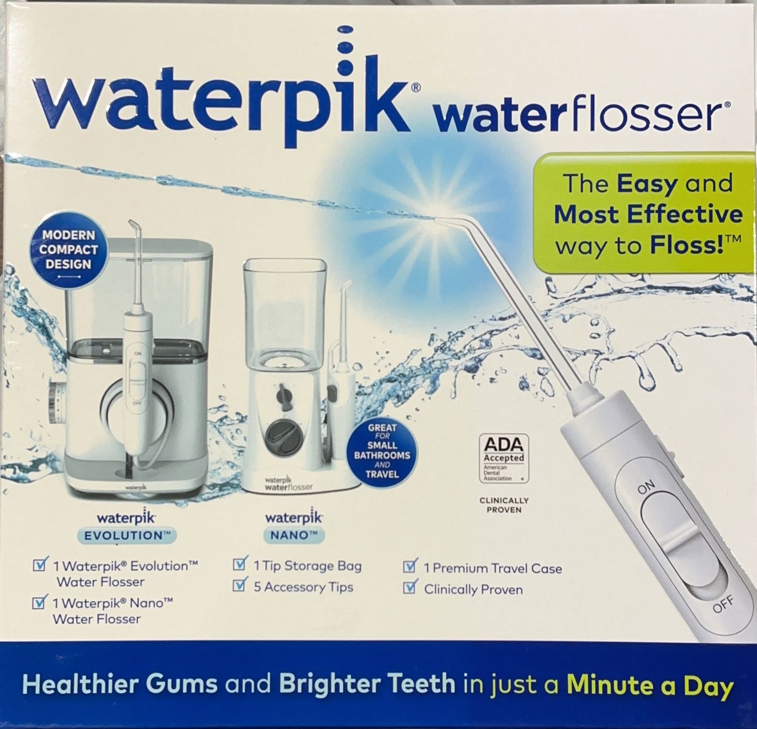 Waterpik Water Flosser Combo – Evolution &amp; Nano – Includes 5 Tips &amp; Travel Case - New