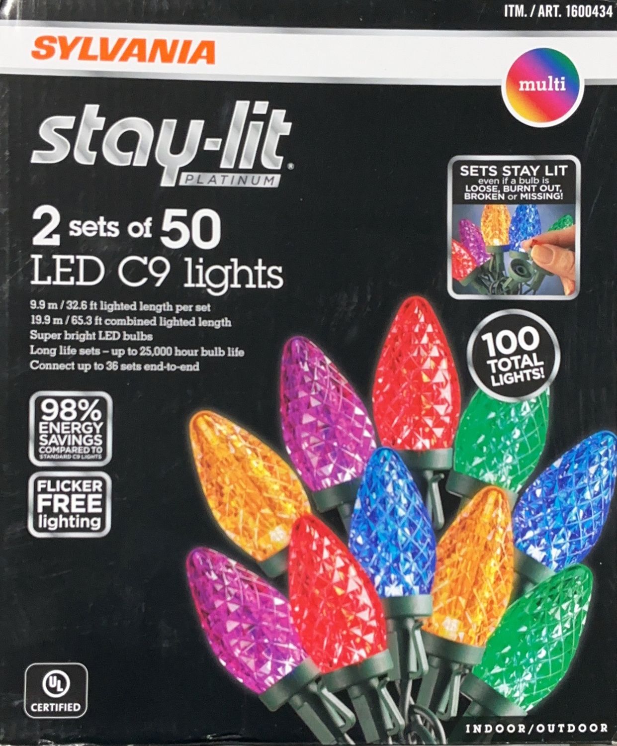 Sylvania Stay-Lit Platinum LED C9 Lights – Multi Color – 2 Sets of 50 (100 Total) Open Box