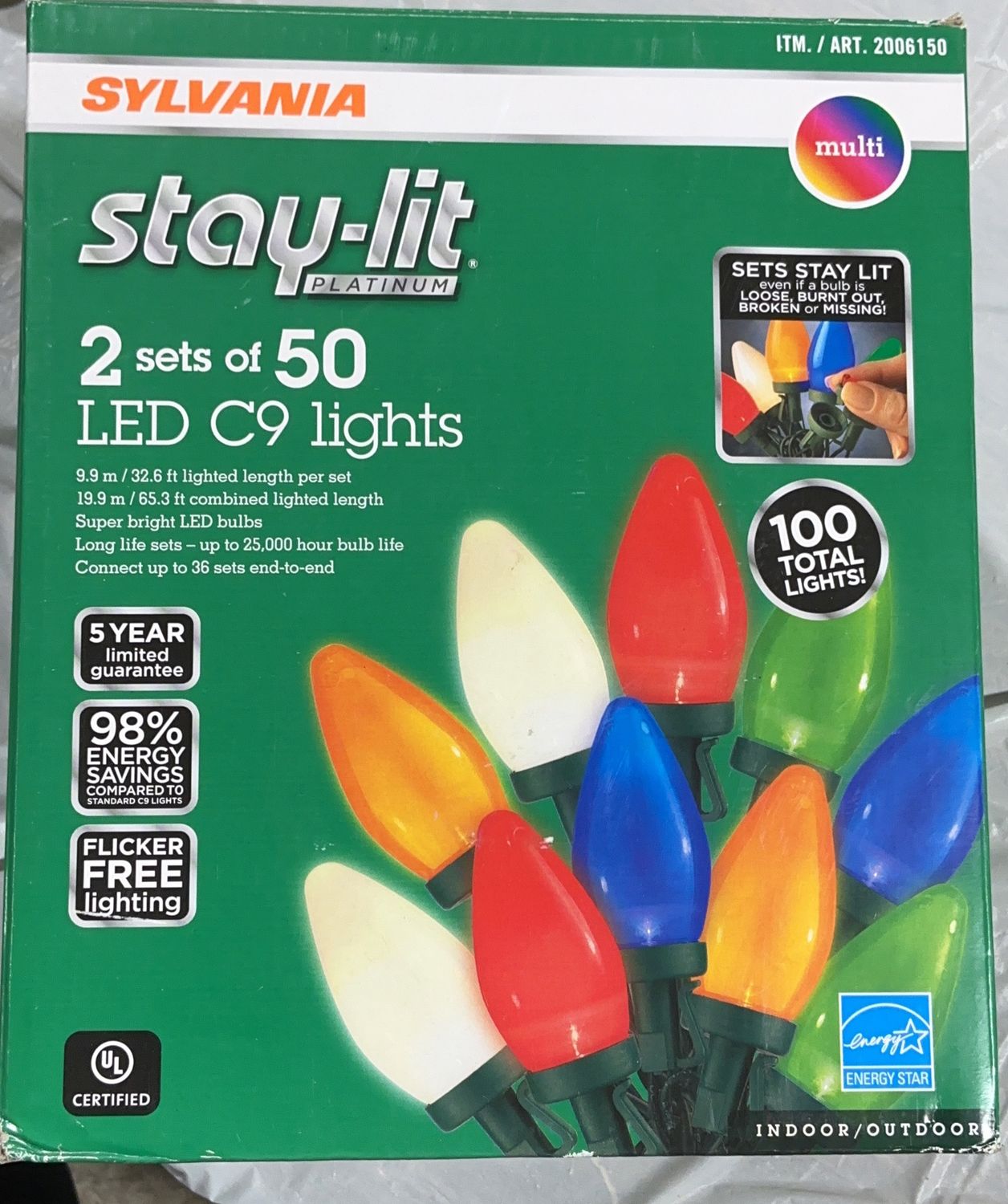 Sylvania Stay-Lit Platinum LED C9 Lights – Multi Color – 2 Sets of 50 (100 Total) - Open Box