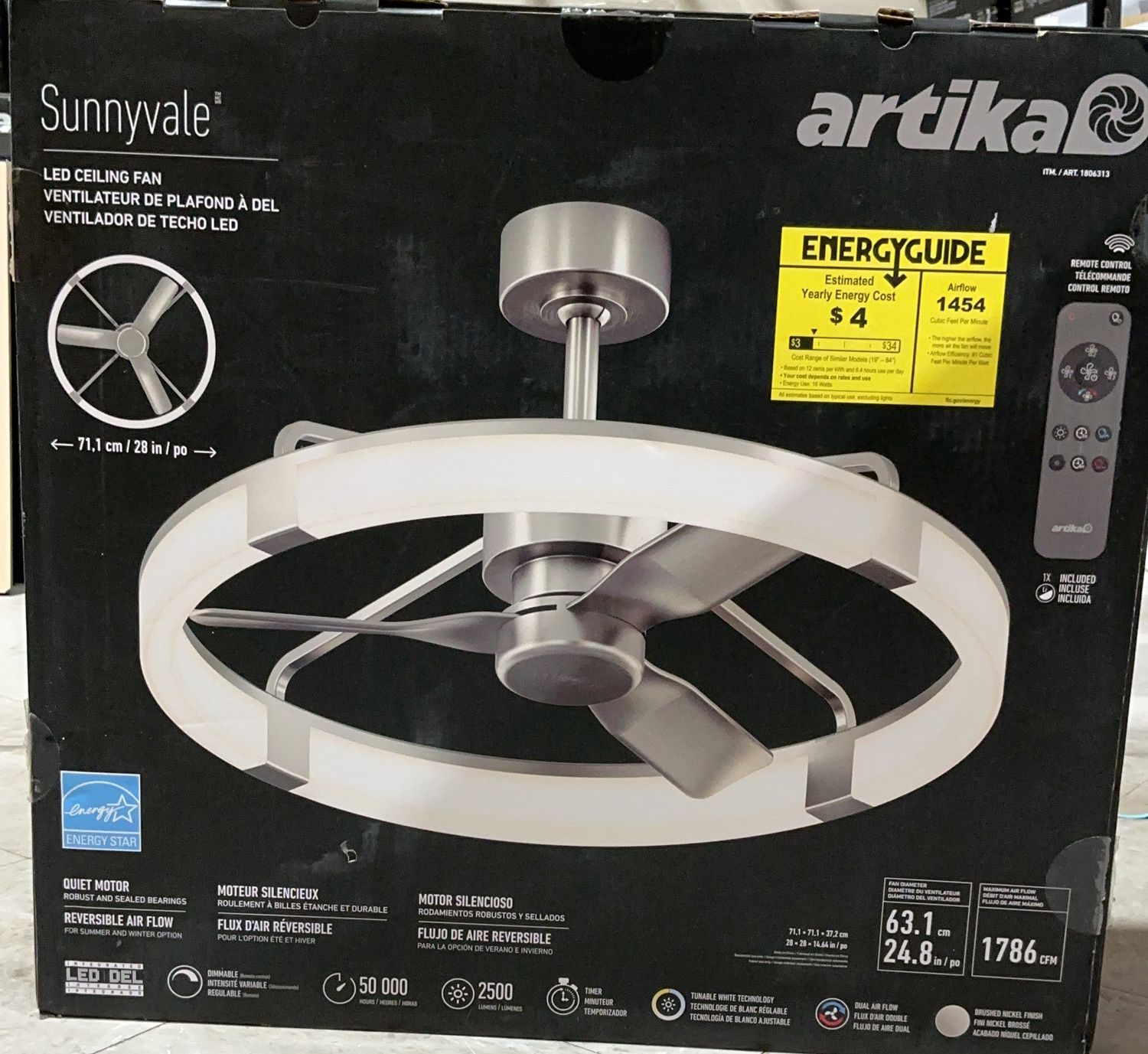Artika Sunnyvale 28” LED Ceiling Fan – Brushed Nickel with Integrated Light, CONDITION: LIKE NEW