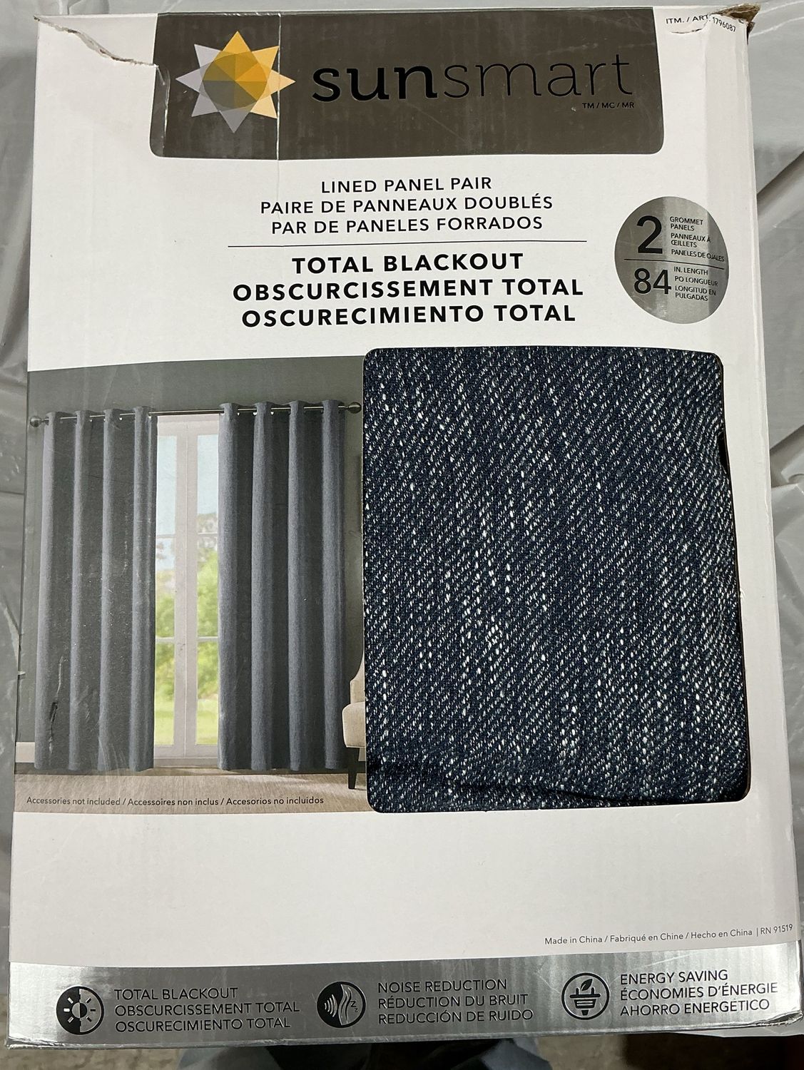 SunSmart Total Blackout Lined Curtain Panel Pair – 84” Length – 2 Panels Open Box