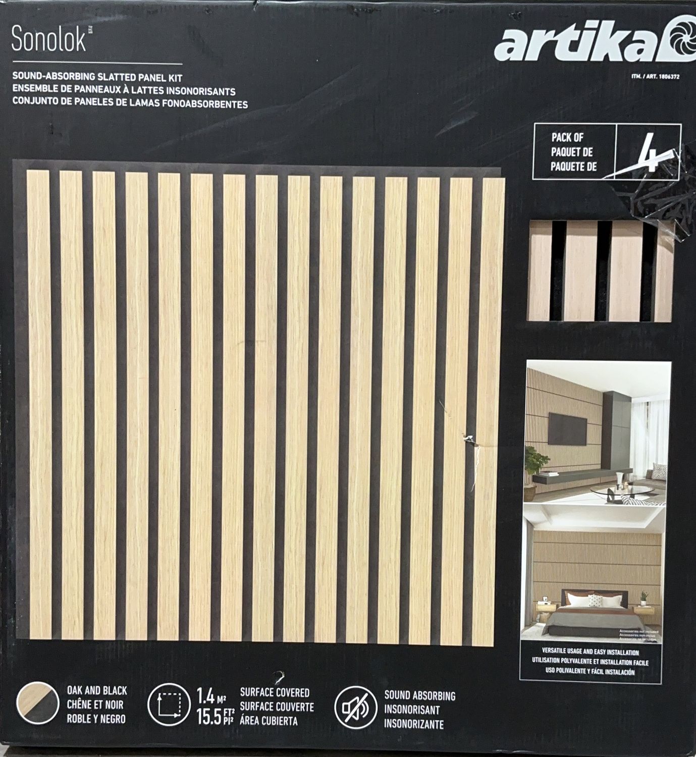 Artika Sonolok Sound-Absorbing Slatted Panel Kit – Oak &amp; Black (Pack of 4) - Like New