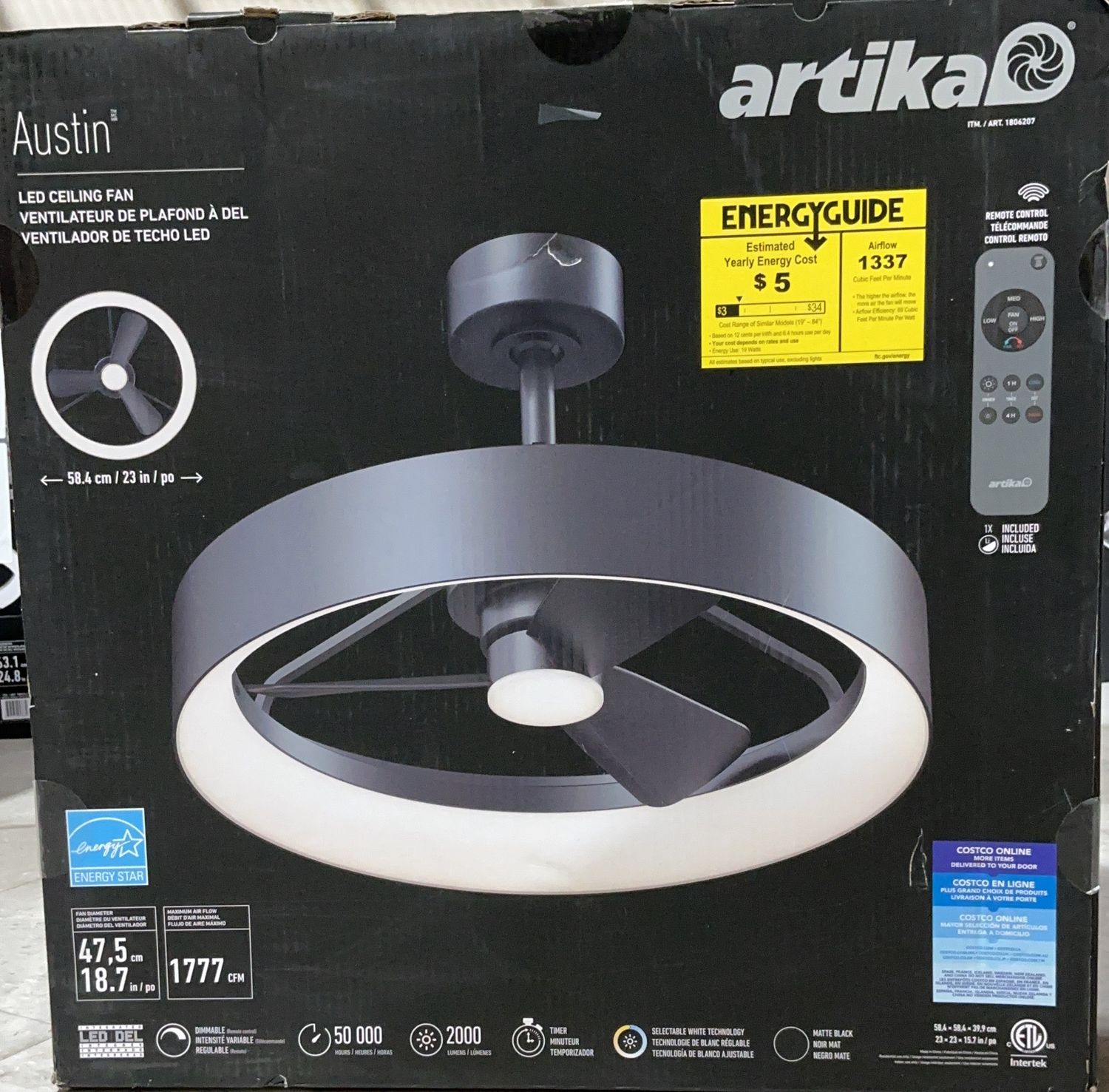 Artika Austin 23” LED Ceiling Fan – Matte Black with Remote - Open Box