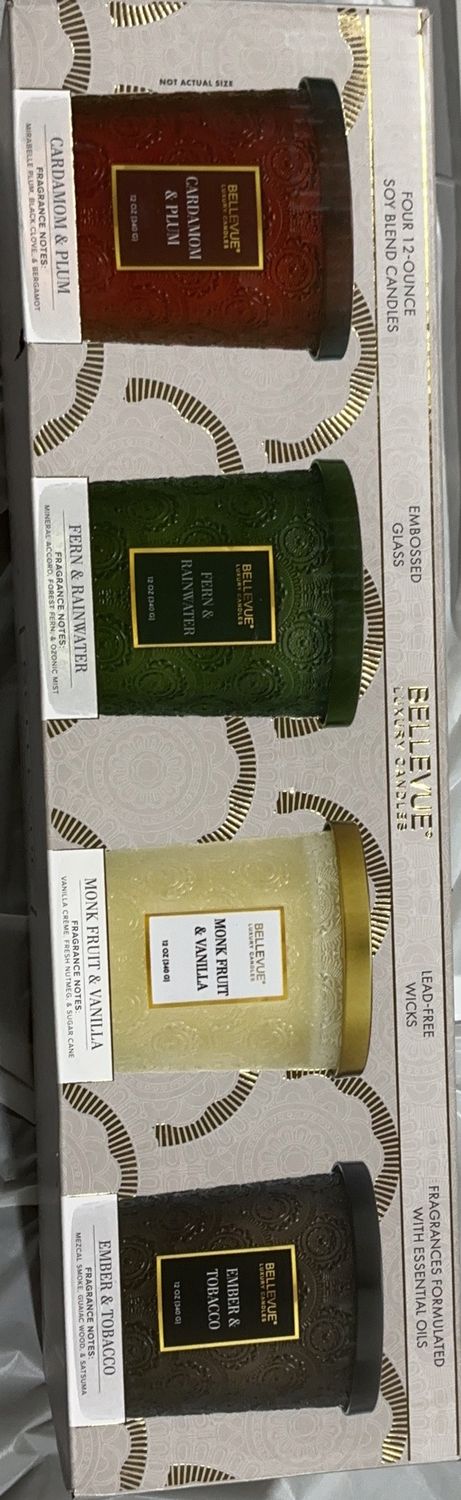 Bellevue Luxury Soy Blend Candles – 4 Pack – 12 oz Embossed Glass Jars New