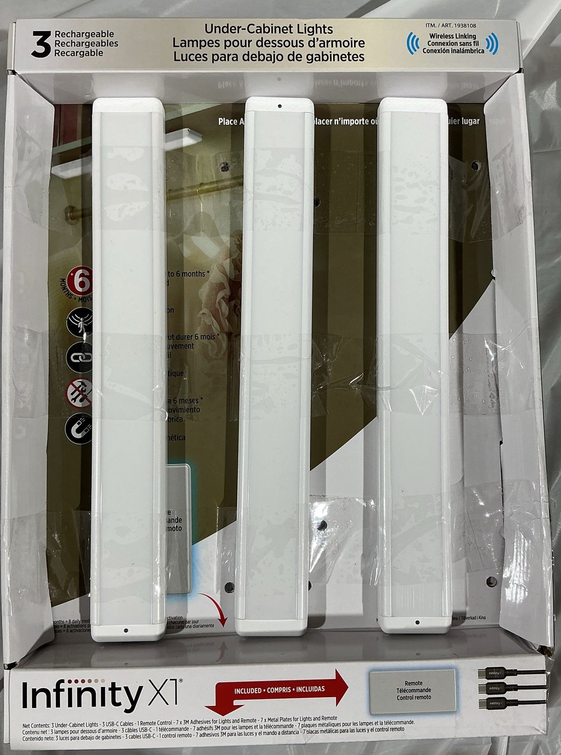 Infinity X1 Rechargeable Under-Cabinet Lights – 3 Pack with Remote - Open box