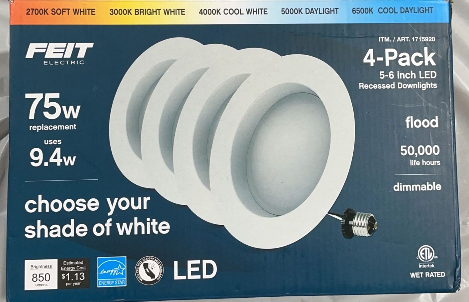 Feit Electric 5–6” LED Recessed Downlight, 4-Pack – Selectable White Tones - New
