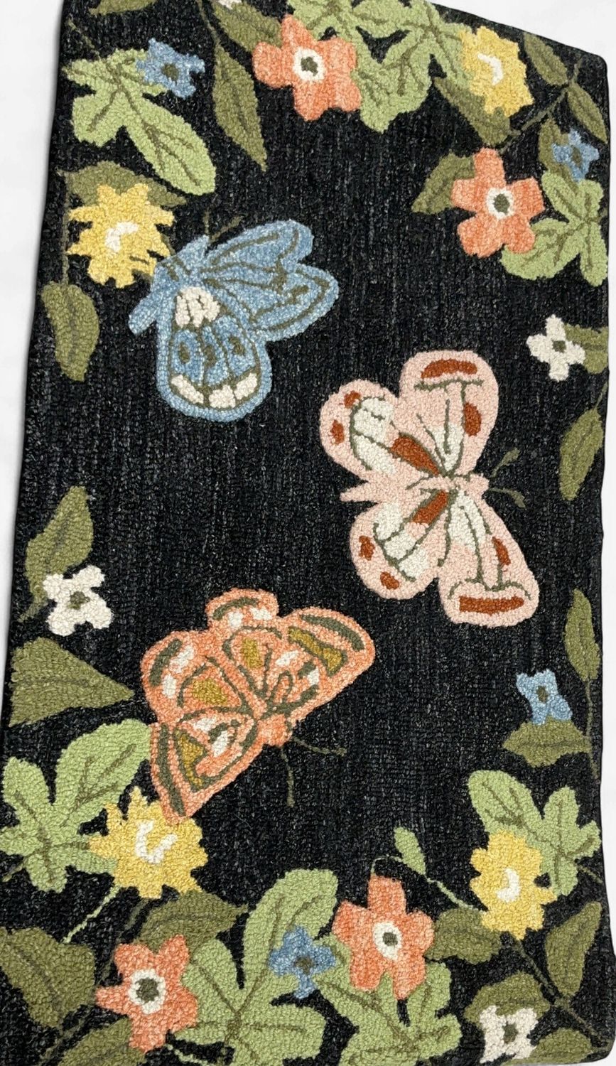 Floral Butterfly Hooked Accent Rug – Black Background – Decorative Indoor/Entry Mat - Like New