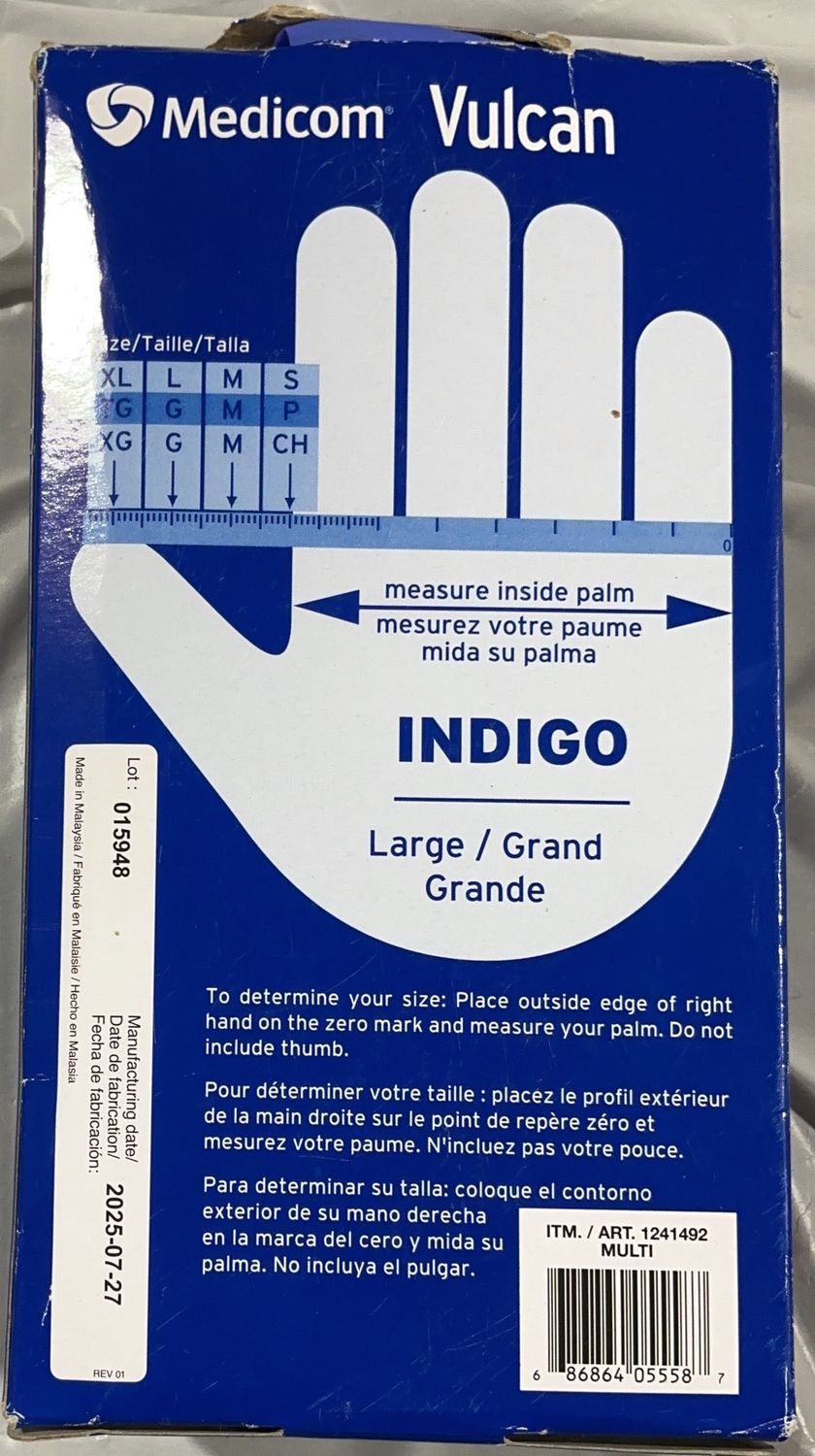 Medicom Vulcan Indigo Nitrile Exam Gloves – Large – Multi-Purpose Disposable Gloves - Open Box