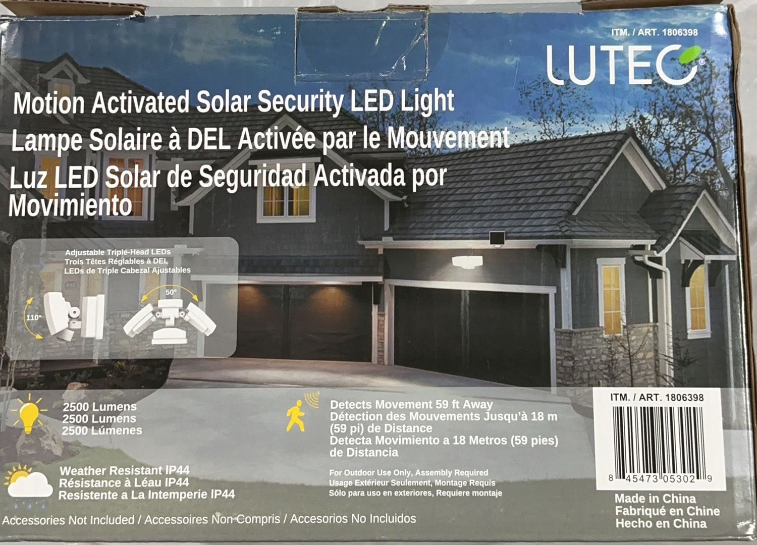 LUTEC Motion Activated Solar Security LED Light – 2500 Lumens – Triple Head Adjustable - Used