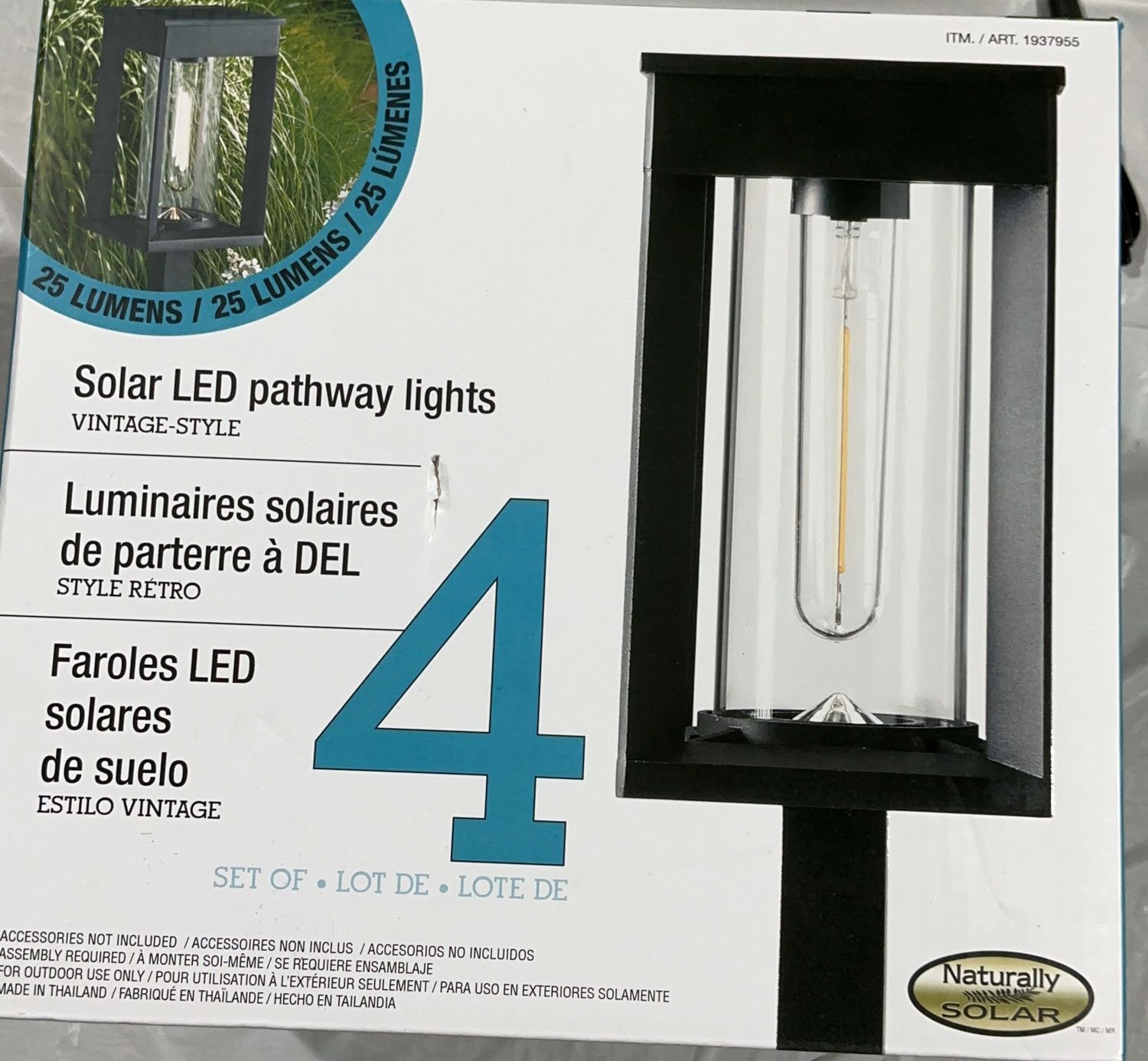 Naturally Solar Vintage-Style Solar LED Pathway Lights – 4 Pack – 25 Lumens - New