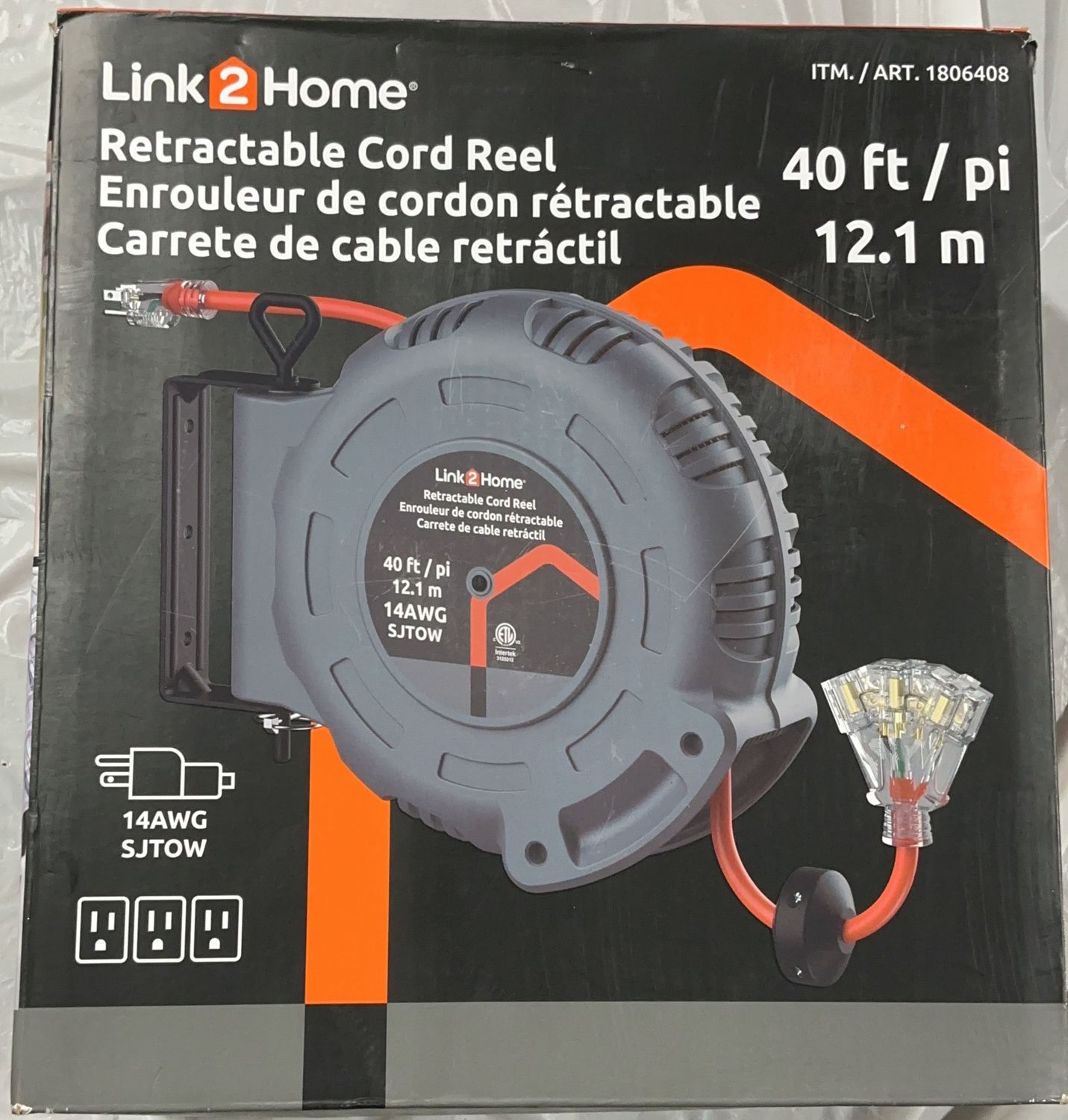Link2Home 40 Ft Retractable Cord Reel – 14AWG SJTW – Wall Mount Extension Reel - Like New