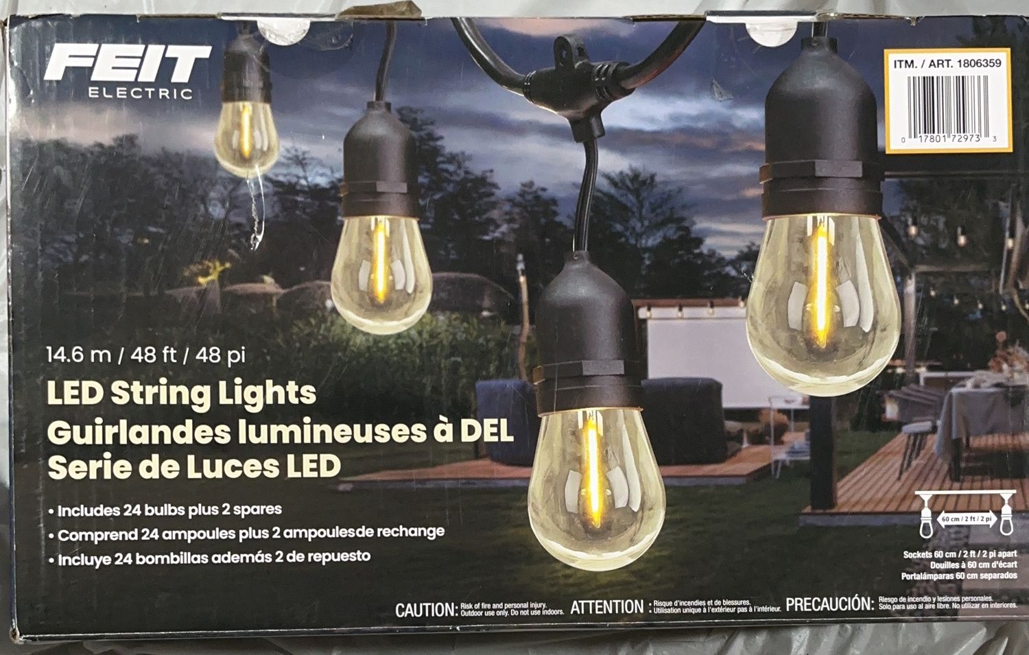 Feit Electric 48 ft LED String Lights – 24 Bulbs + 2 Spares – Outdoor Use - Like New