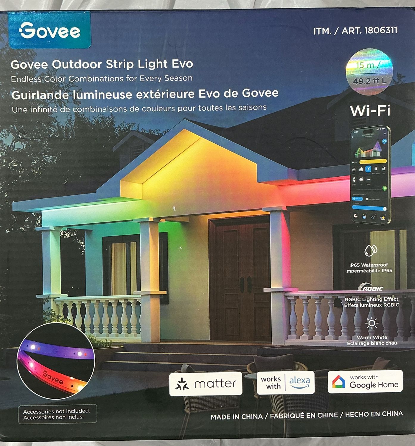 Govee Outdoor Strip Light Evo – 49.2 ft Wi-Fi RGBIC LED Light Strip – IP65 Waterproof - New