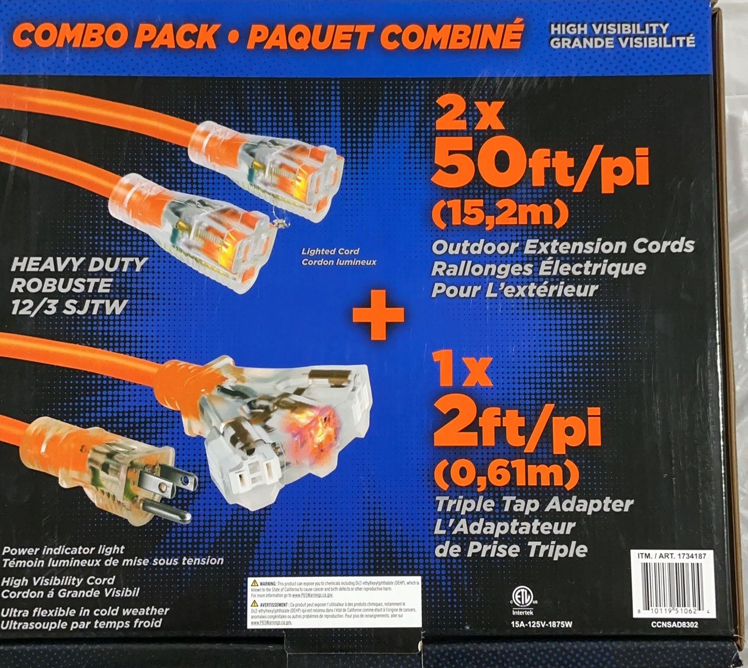 Heavy Duty 12/3 SJTW Outdoor Extension Cord Combo Pack – 2 x 50 ft + 2 ft Triple Tap Adapter new