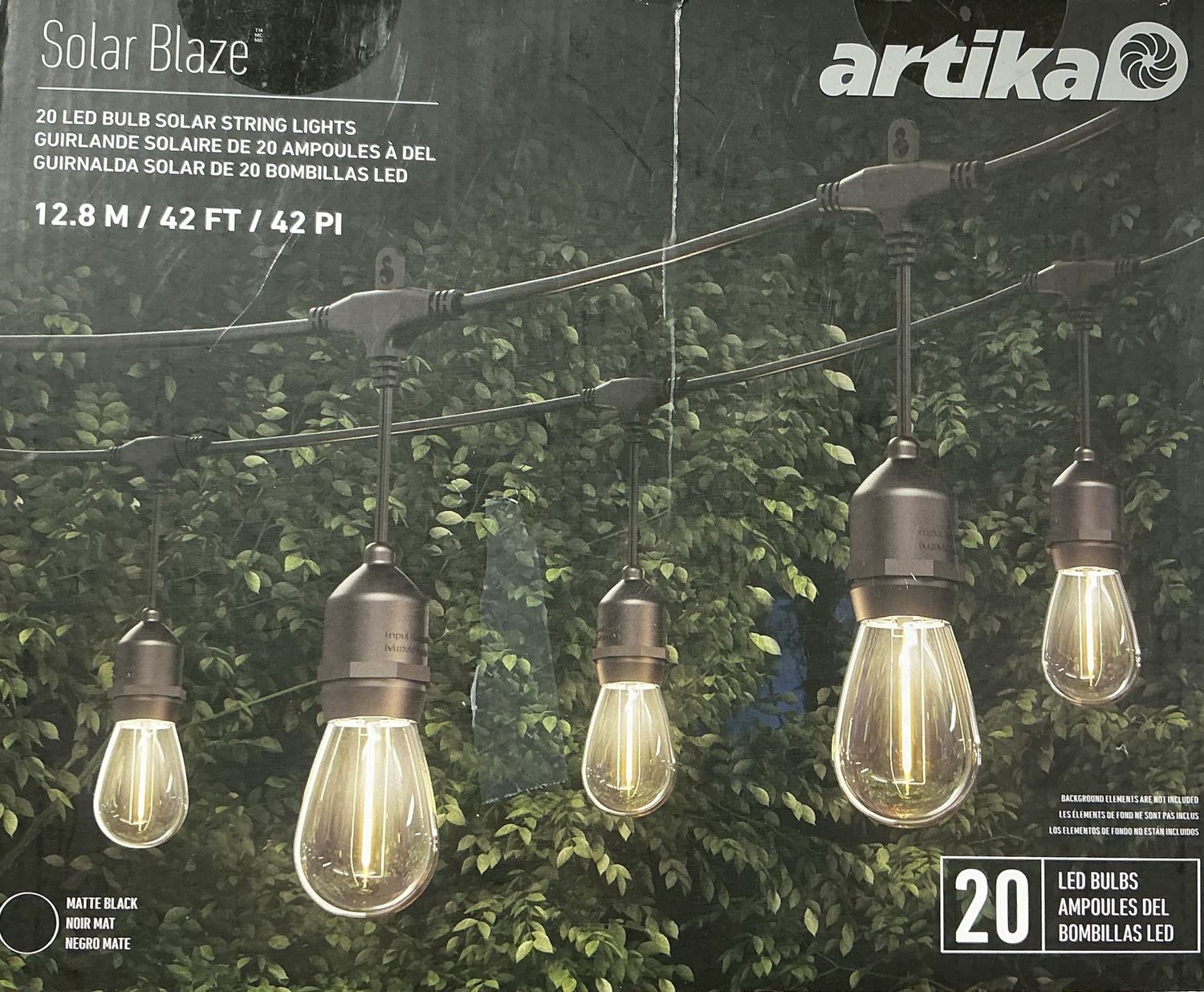 Artika Solar Blaze LED String Lights – 42 ft – 20 LED Bulbs – Matte Black - Open Box
