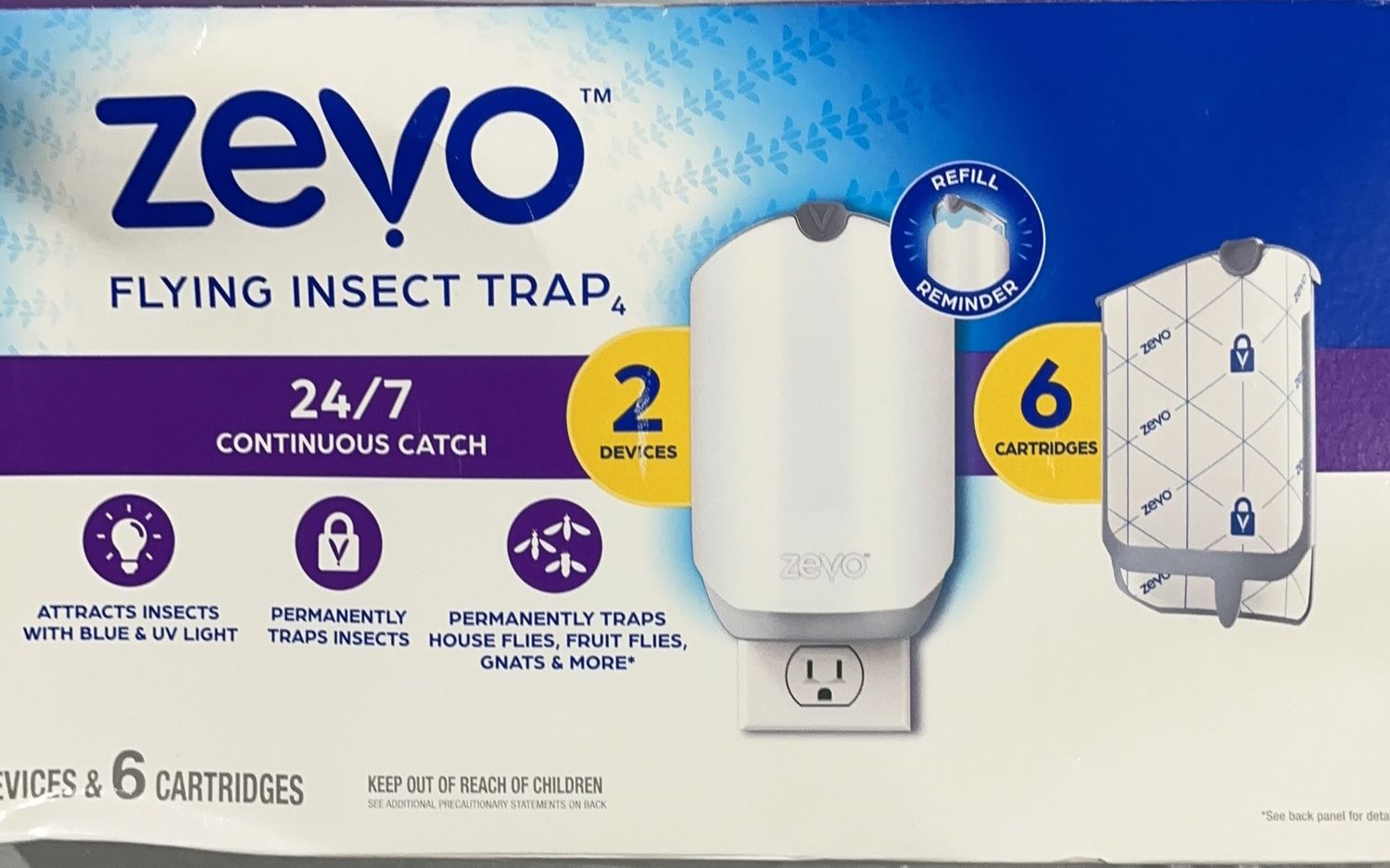 Zevo Flying Insect Trap – 2 Devices &amp; 6 Cartridges – 24/7 Continuous Catch - Open Box