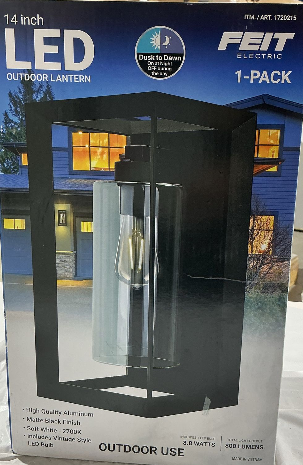 Feit Electric 14” LED Outdoor Lantern – Matte Black – Dusk to Dawn – 800 Lumens- New