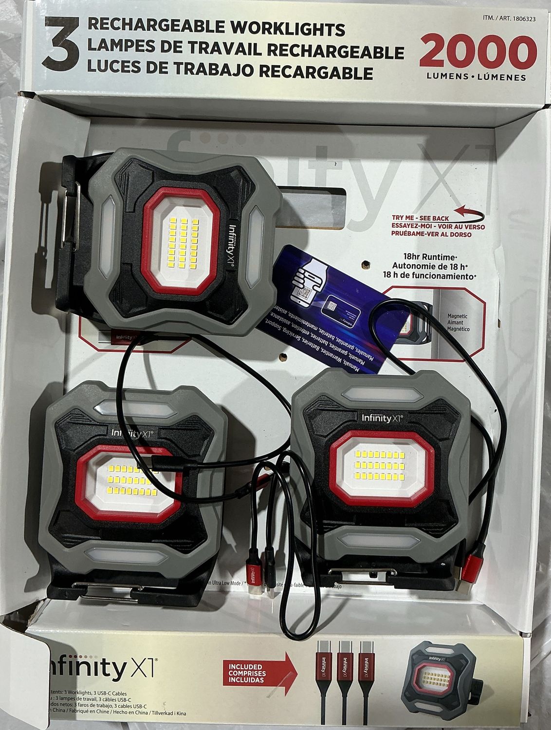 Infinity X1 Rechargeable Work Lights – 3 Pack – 2000 Lumens - Open Box