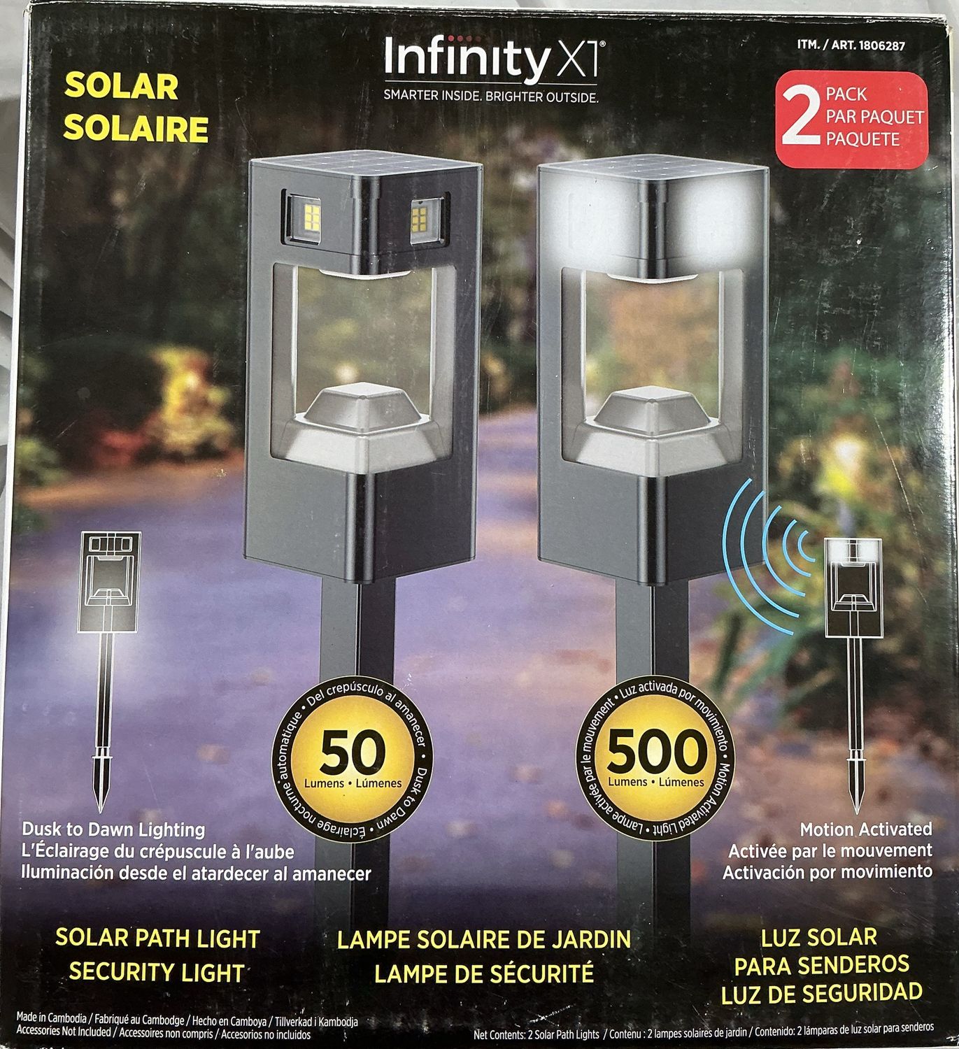 Infinity X1 Solar Path &amp; Security Lights – 2 Pack – 50 Lumens Dusk to Dawn / 500 Lumens Motion - Open Box