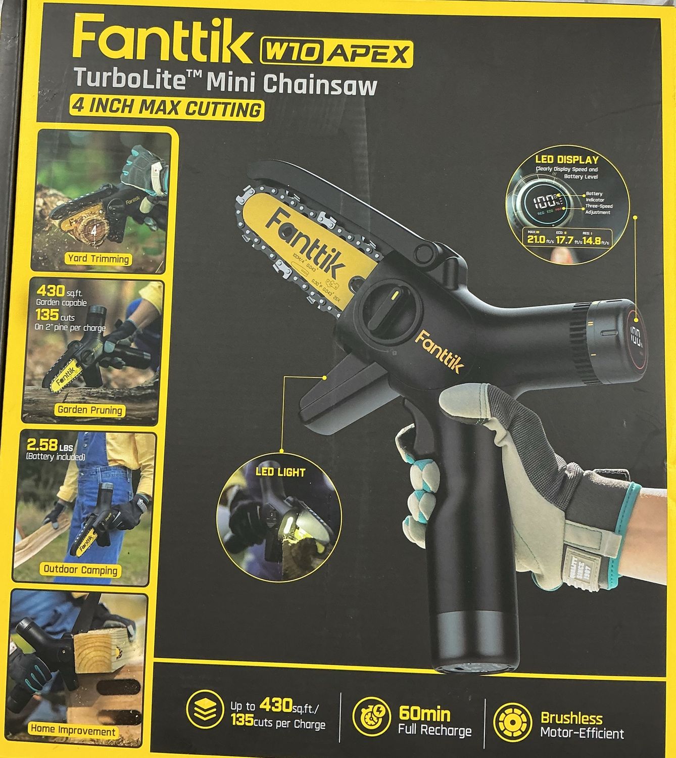 Fanttik W10 APEX TurboLite™ Mini Chainsaw – 4” Max Cutting – Brushless Motor - Like New