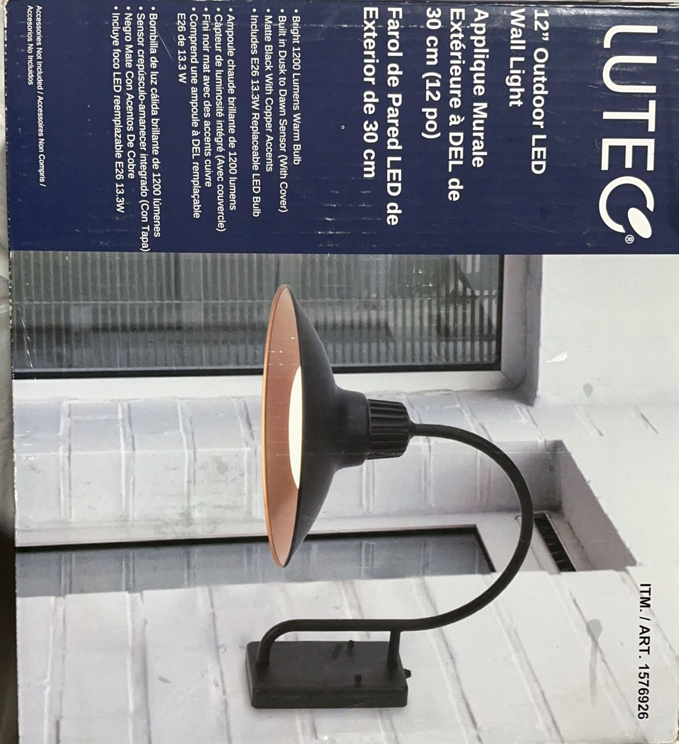 LUTEC 12” Outdoor LED Wall Light – 1200 Lumens – Matte Black with Copper Accent - New