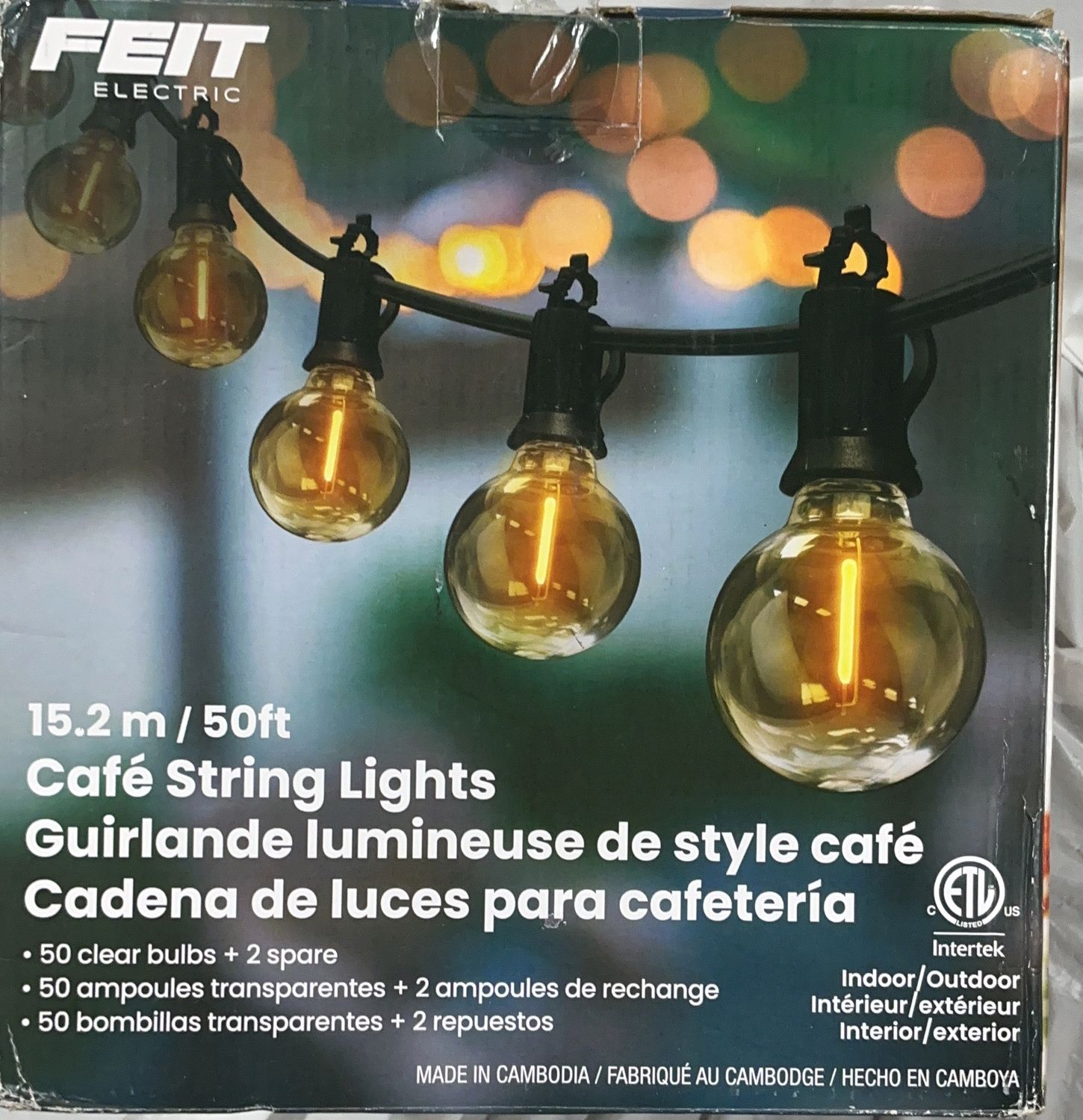 Feit Electric 50 ft Café String Lights – 50 Clear Bulbs + 2 Spares – Indoor/Outdoor-New