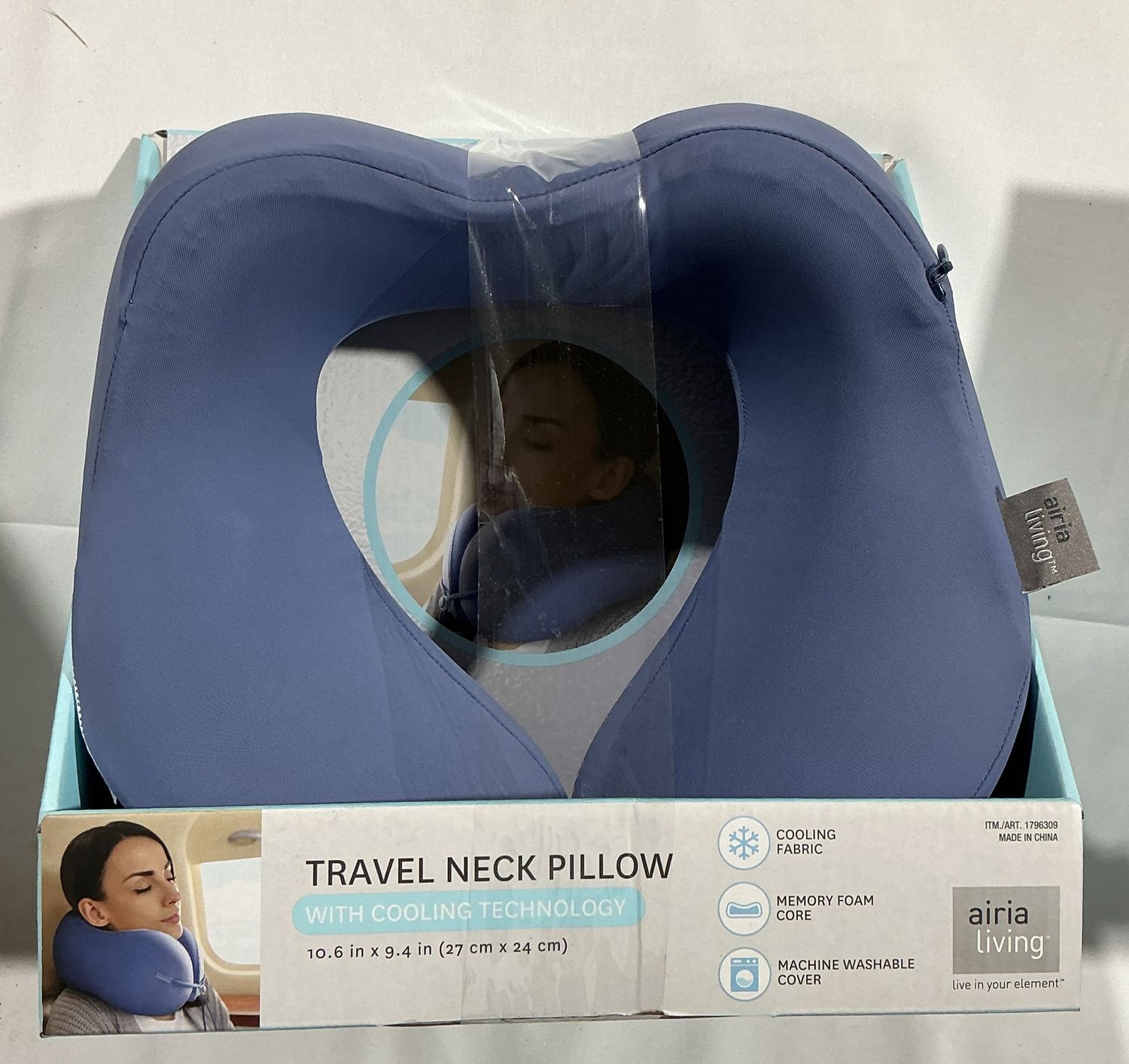 Airia Living Travel Neck Pillow – Cooling Memory Foam – Machine Washable Cover - Open Box