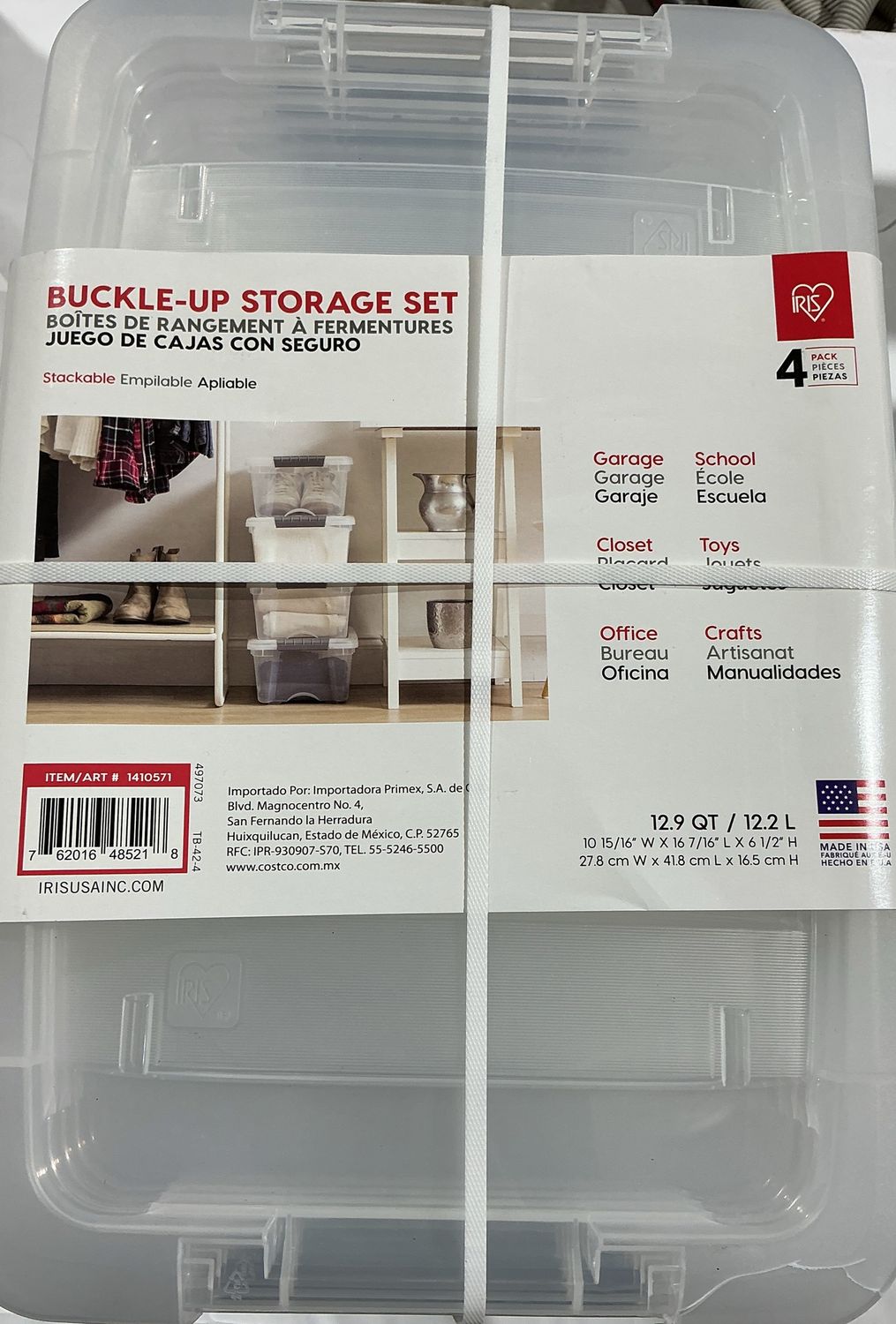IRIS Buckle-Up Storage Set – 4 Pack – 12.9 Qt Clear Stackable Bins - New