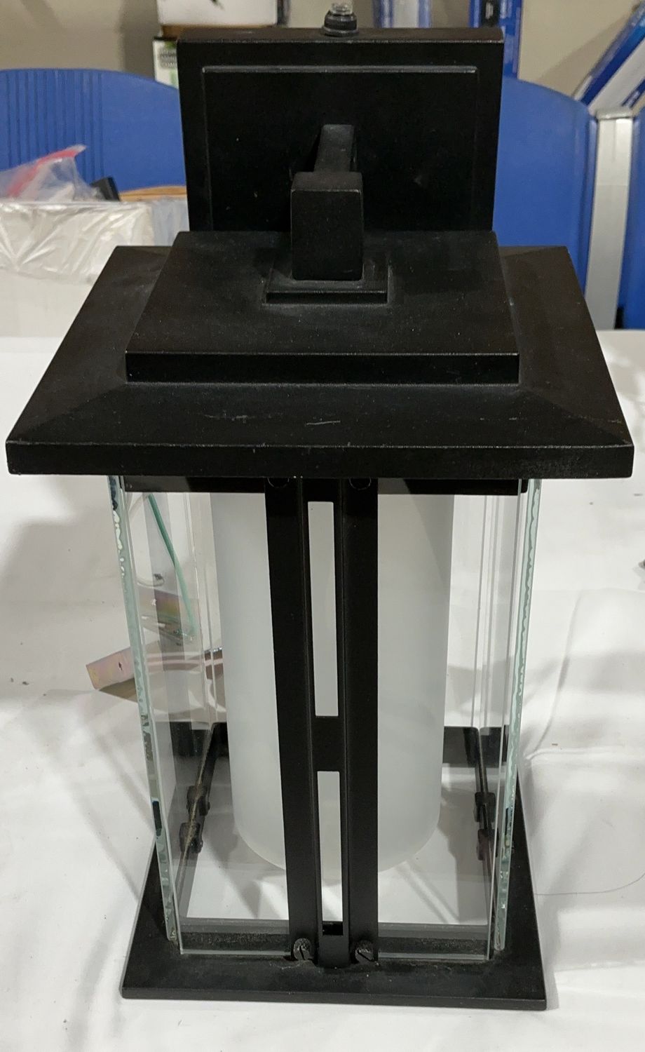 Modern Outdoor Wall Lantern – Black Metal &amp; Clear Glass – Hardwired Exterior Light Fixture-open box