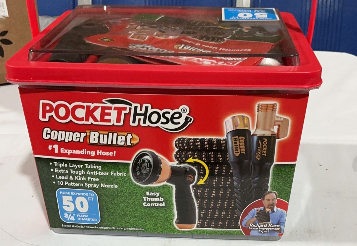 Pocket Hose Copper Bullet Expanding Garden Hose – Expands to 50 ft – 3/4” Flow Diameter – 10 Pattern Spray Nozzle-like new