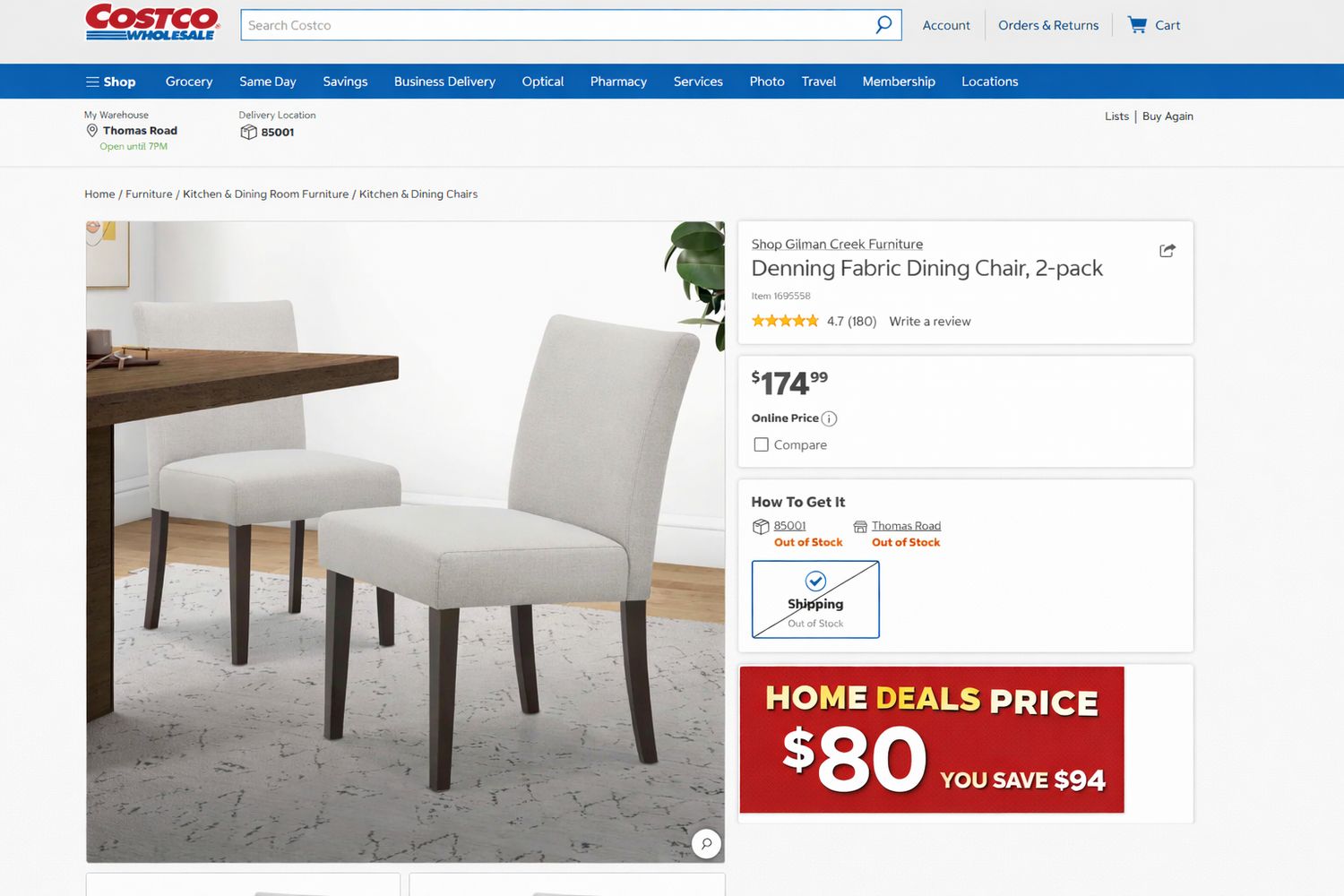 Gilman Creek Denning Fabric Dining Chair, 2-Pack – Light Gray Upholstered Chairs with Solid Wood Legs