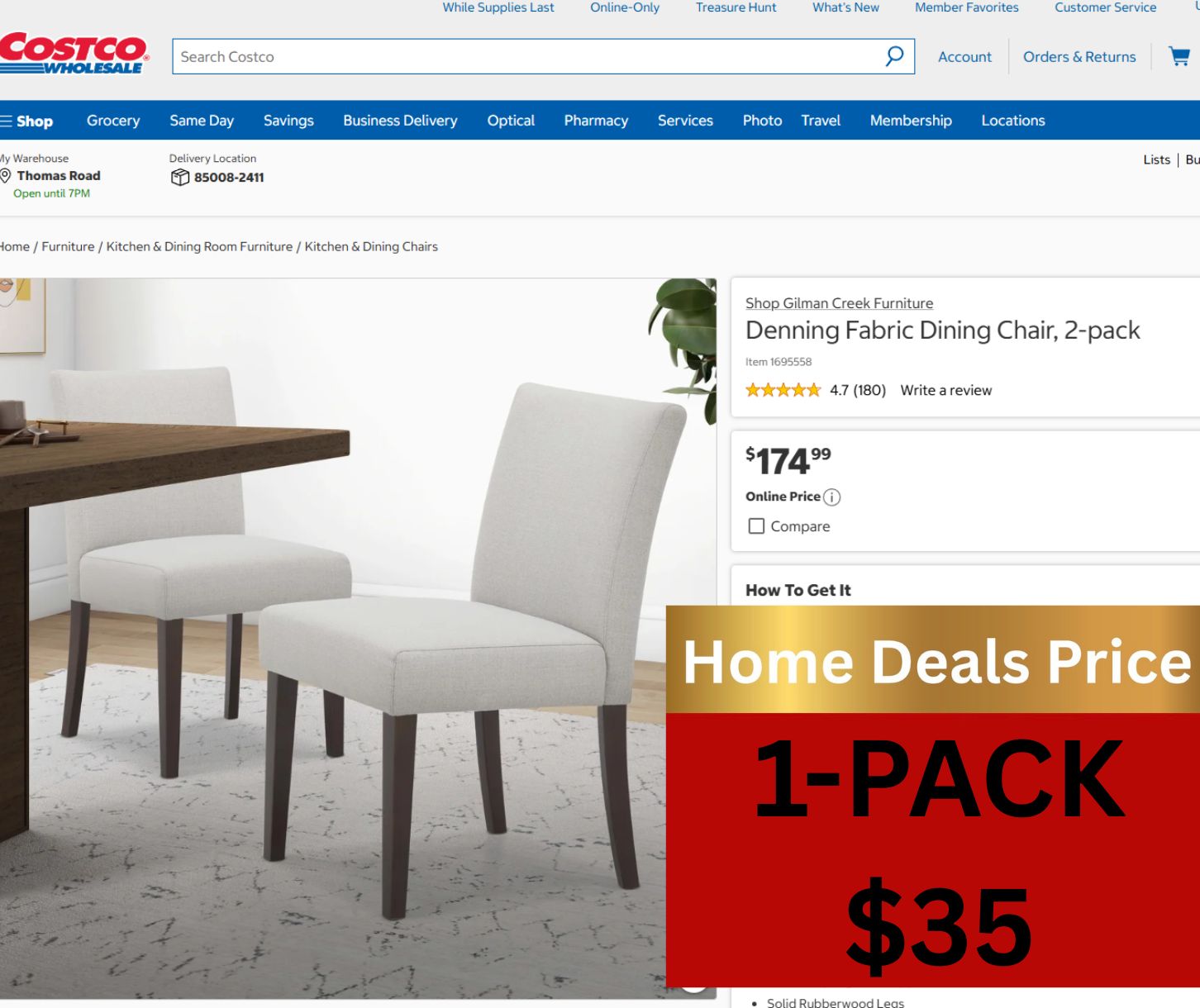 Gilman Creek Denning Fabric Dining Chair, 1-Pack – Light Gray Upholstered Chairs with Solid Wood Legs