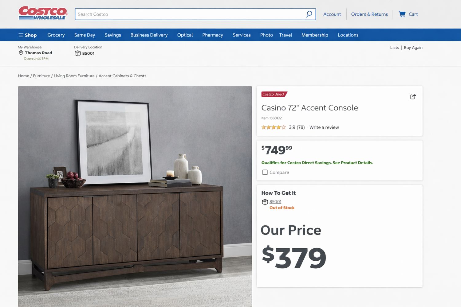 Casino 72” Accent Console – Modern Geometric Wood Storage Cabinet – 72 Inch