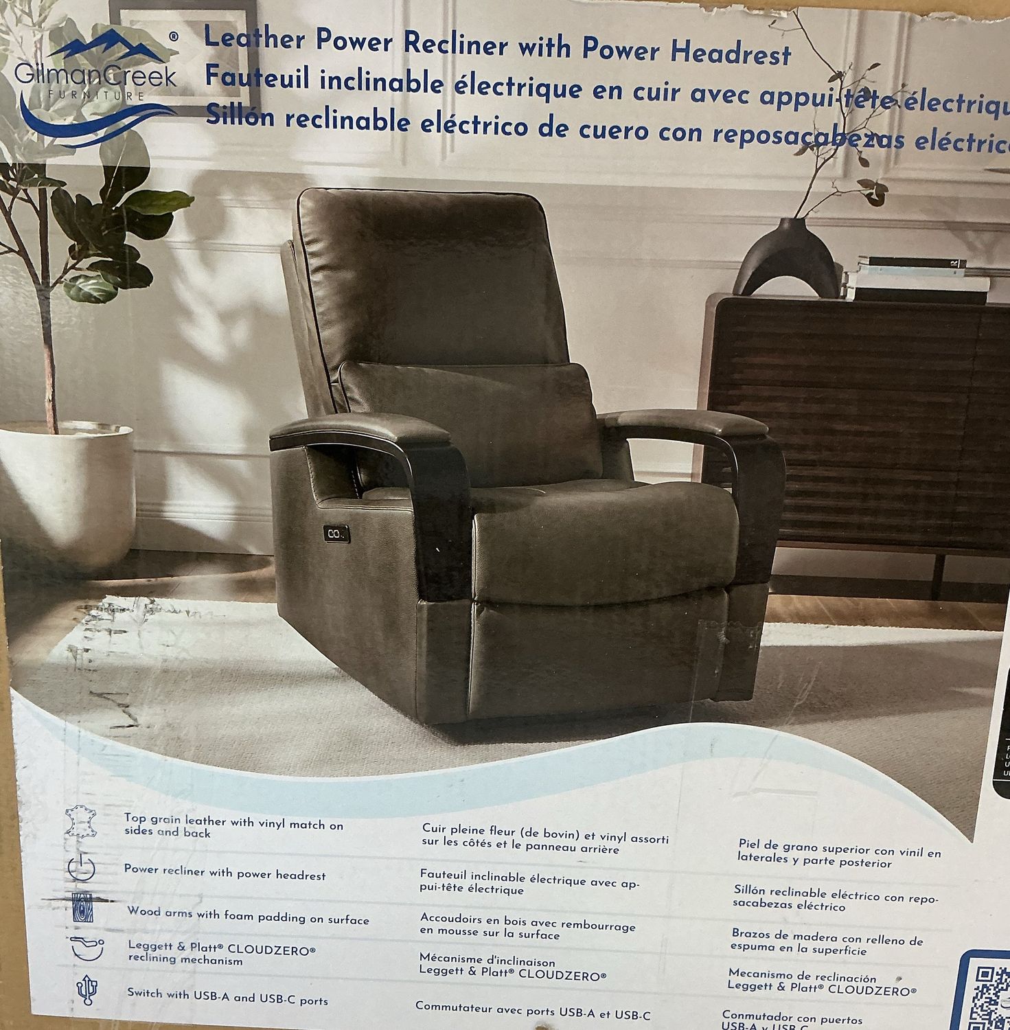 Gilman Creek Leather Power Recliner with Power Headrest – Top Grain Leather – USB Ports Newc